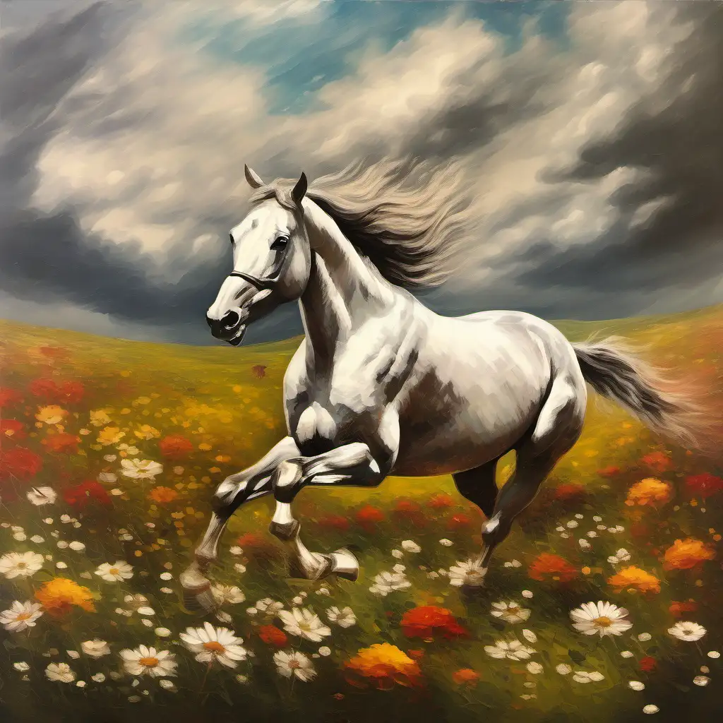 Majestic Horse Galloping Through a Field of Blossoms under a Dreamy Cloudy Sky Vintage Oil Paint Scene