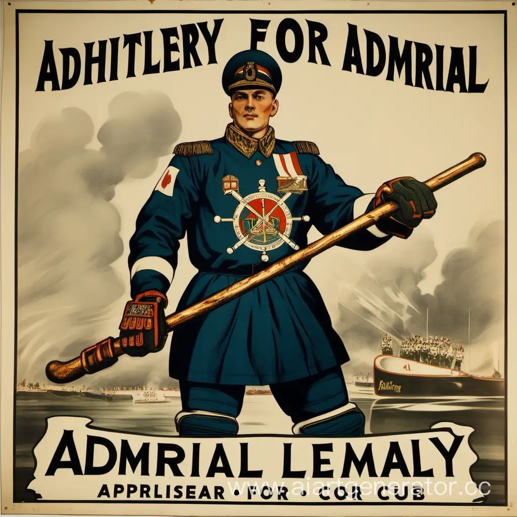 Плакат с надписью «Артилерия за Адмирал», на заднем плане плаката эмблема хоккейного клуба Адмирал, на переднем плане хоккеист в военной форме с клюшкой