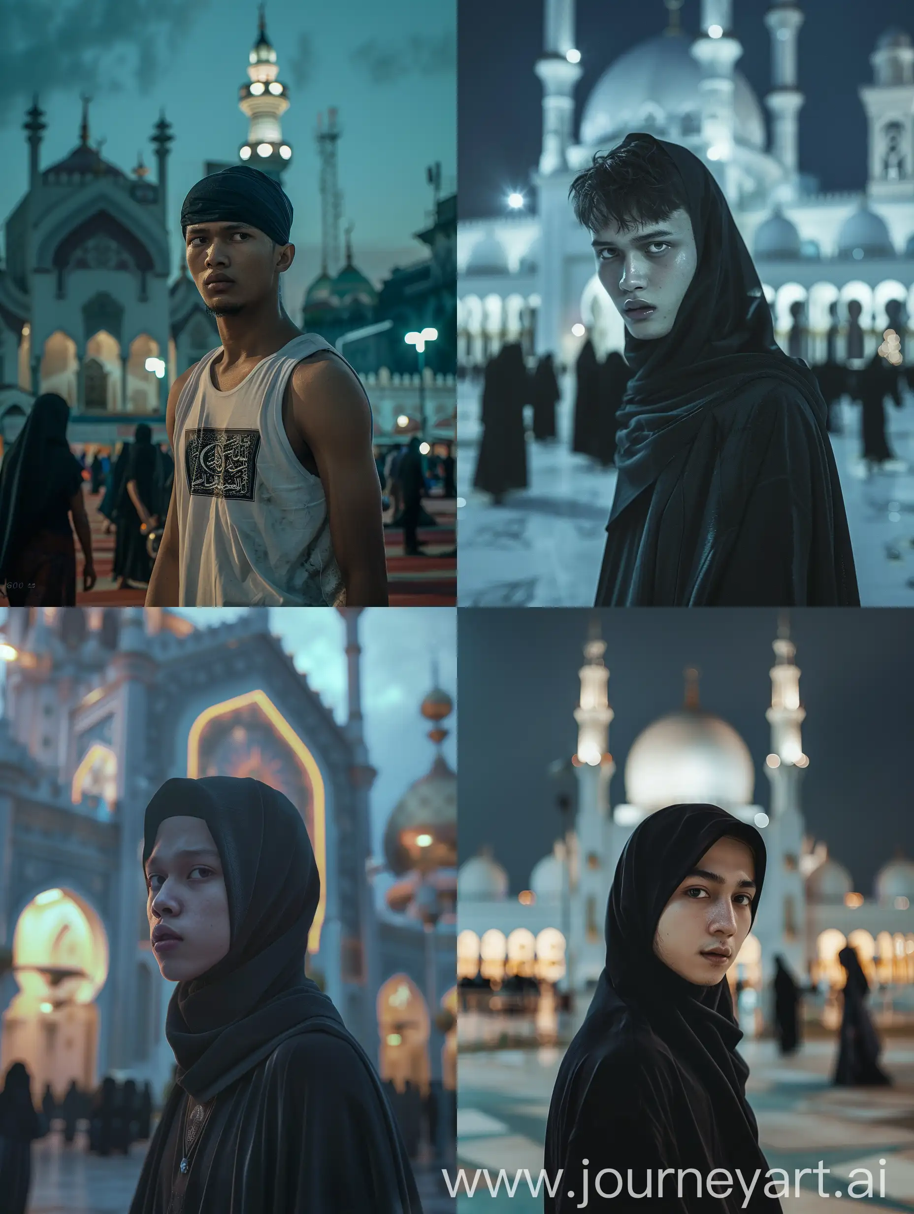 (8K, RAW Photo, Photography, Photorealistic, Realistic, Highest Quality, Intricate Detail), Medium photo of 25 year old Indonesian man, fit, ideal body, oval face, white skin, natural skin, short black hair, short black hijab photo Koko clothes in front of the mosque are luxurious, at night many people go home to the mosque