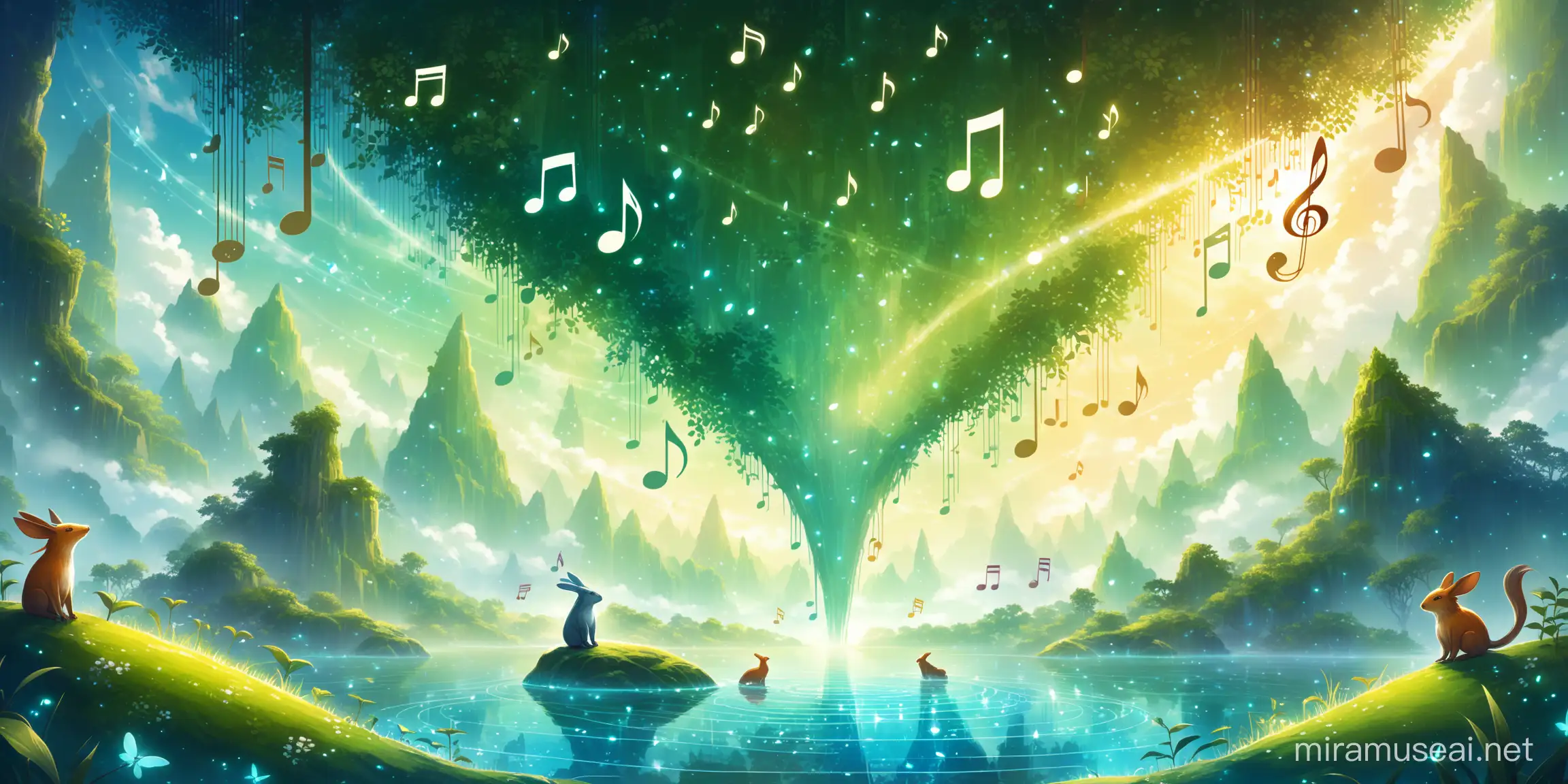 A musical tranquil world. Creatures in this world are surrounded by music notes in a fantasy ambient setting.