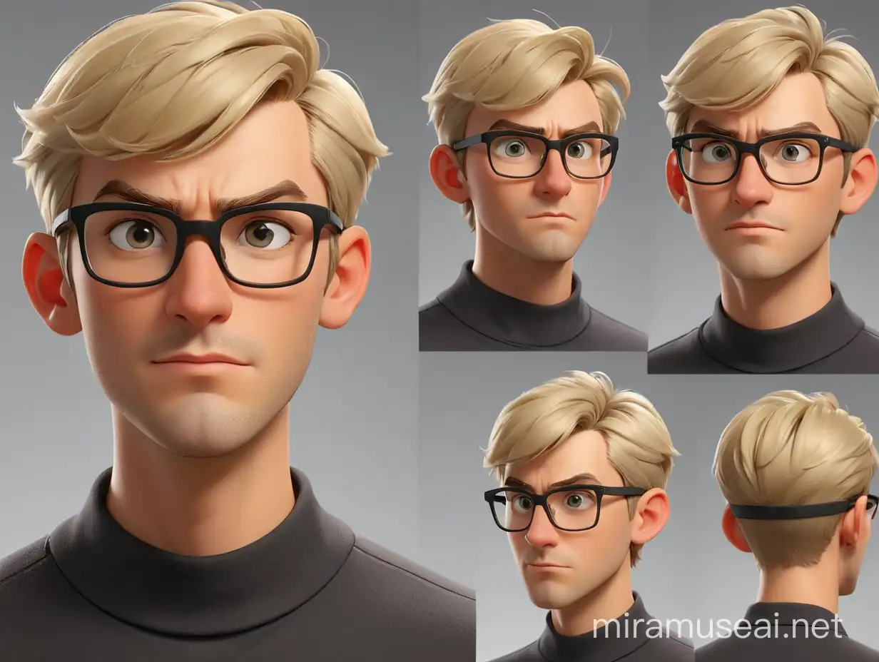 man in cartoon style, game character sheet reference, light blond with short stylish haircut, narrow rectangular rimless glasses, strong chin, clean face, mocking look, different poses set, maximum detail, best quality, HD, gorgeous light and shadow, detailed design, 3D quality