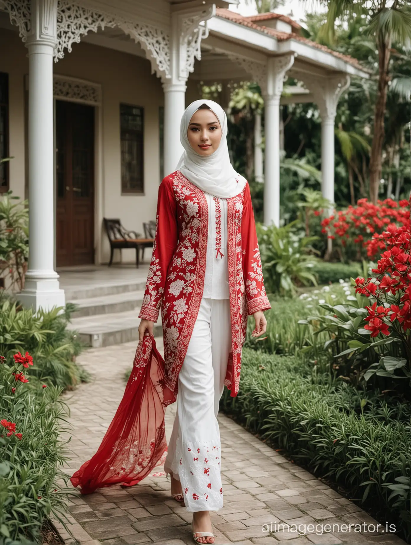 A beautiful girl with a hijab, smooth white skin, red and white kebaya walking on the garden of a beautiful house