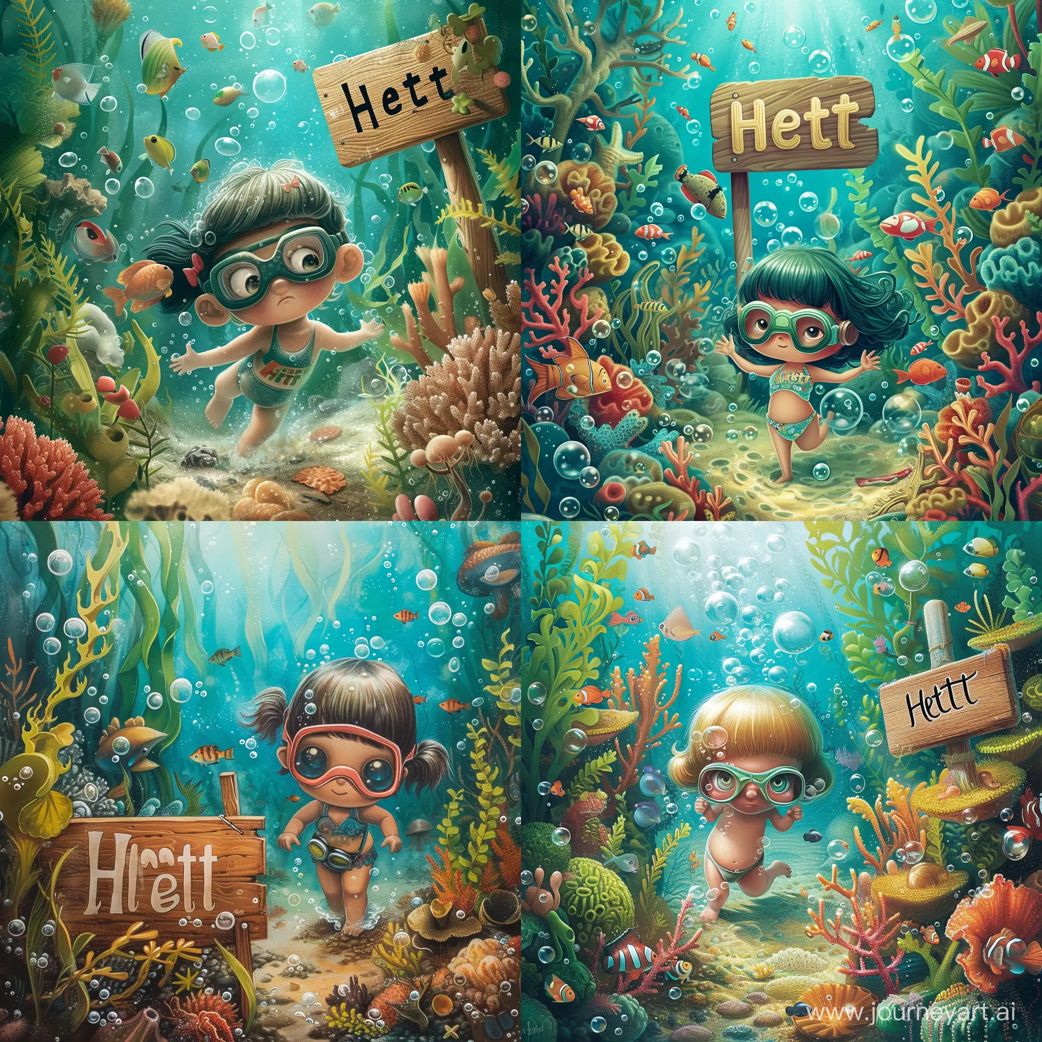an underwater scene,  a little girl in a bathing suit and goggles, surrounded by coral reefs, seaweed, fish, bubbles,  a wooden sign in the coral reef that reads "Hetti."