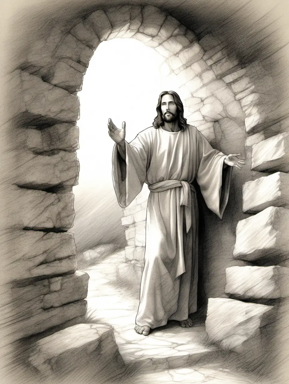 A line pencil sketch of Jesus in the style of Yongsung Kim with His hand stretched out and His empty stone tomb behind Him. The image should convey both peace and victory. Jesus' friendly face is inviting and beckoning the person looking at the picture to come to Him. 