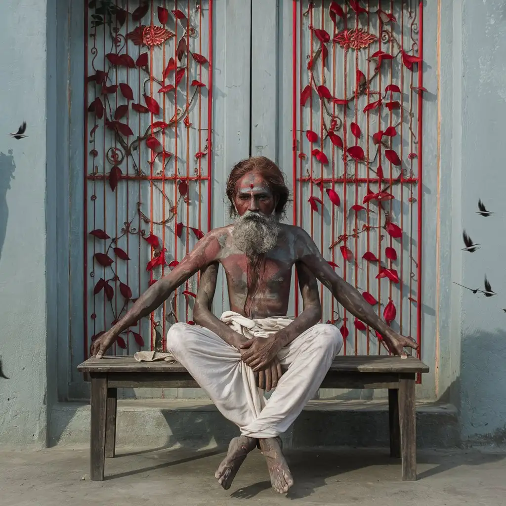  sadhu benares   70 years  old thin   brown long hair and beard white painted skin  full total body sitting on a wooden bench    background a light bleu wall some birds flying around with old red rajasthan  door whit red climbing leaves door 35 mm fuji xt3