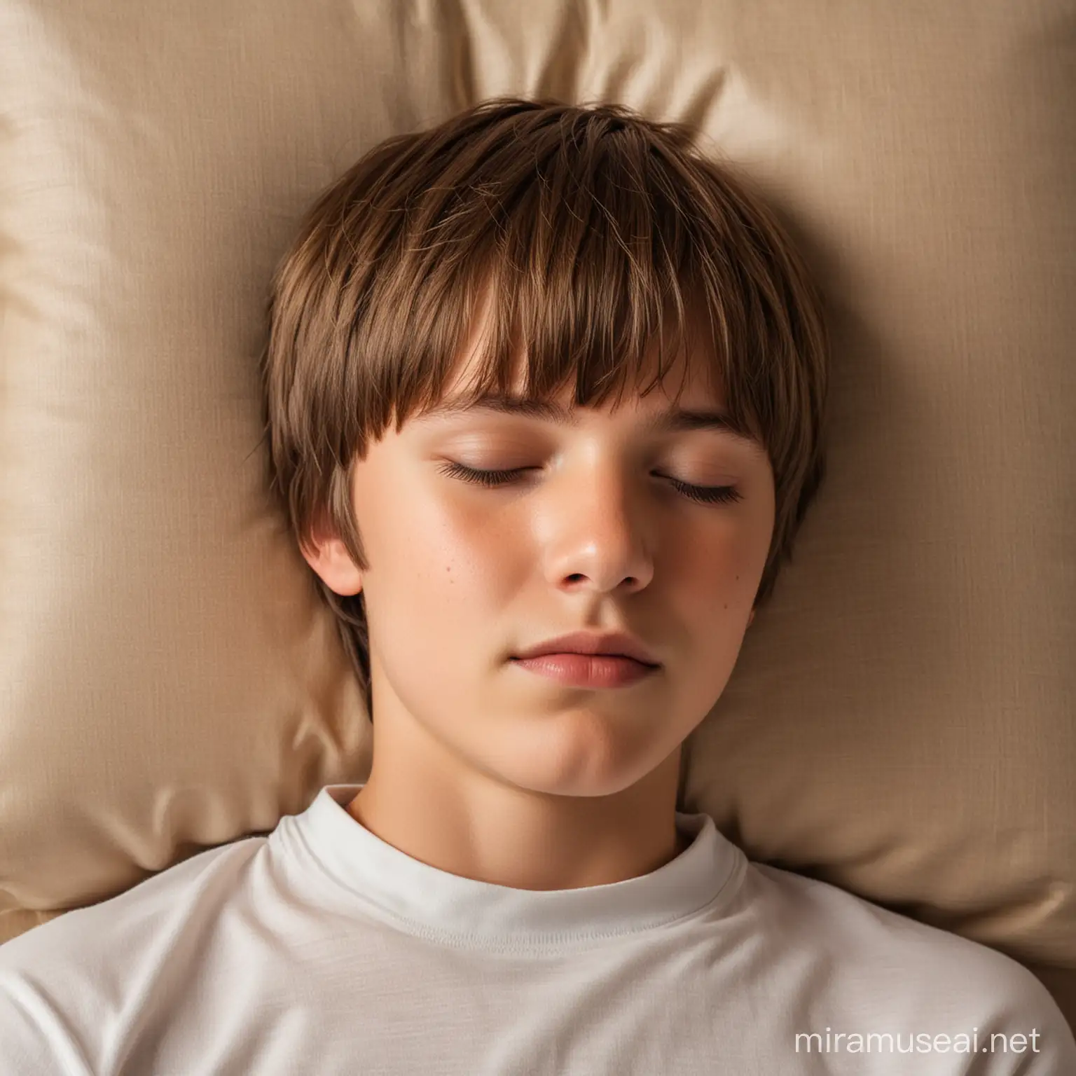 Sleeping ten year old boy, soft, bowl cut, shiny light brown highlights, side of face on pillow, light overhead