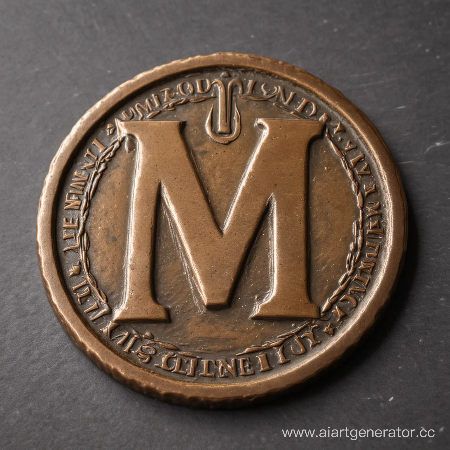 Бронзовая монета с буквой М с переднего ракурса