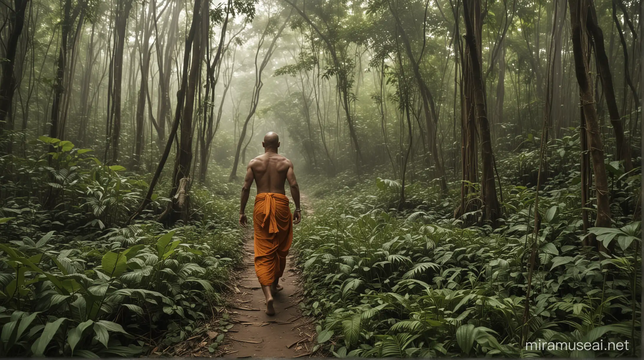 a yogi walking through the dense jungle
