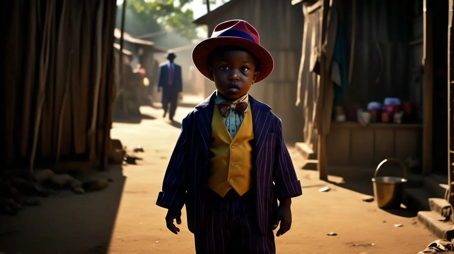 The village is bathed in the morning sunlight, creating a lively and colorful atmosphere. Baby Ananse, Dressed as an American gangster, observing the absurd activities, is shrouded in shadows as he contemplates his plan.