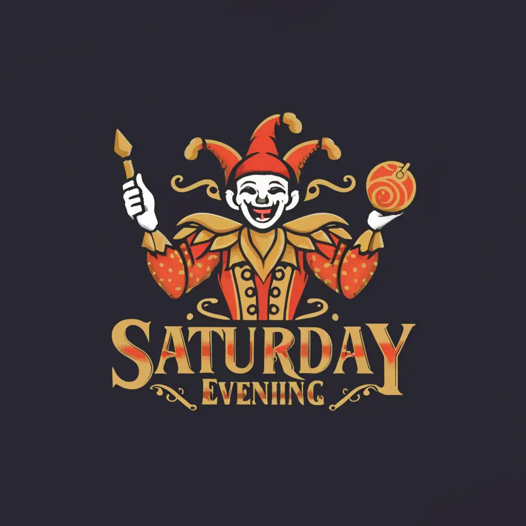 a logo design,with the text "Saturday Evening", main symbol:The jester with the devil's smile,Moderate,clear background