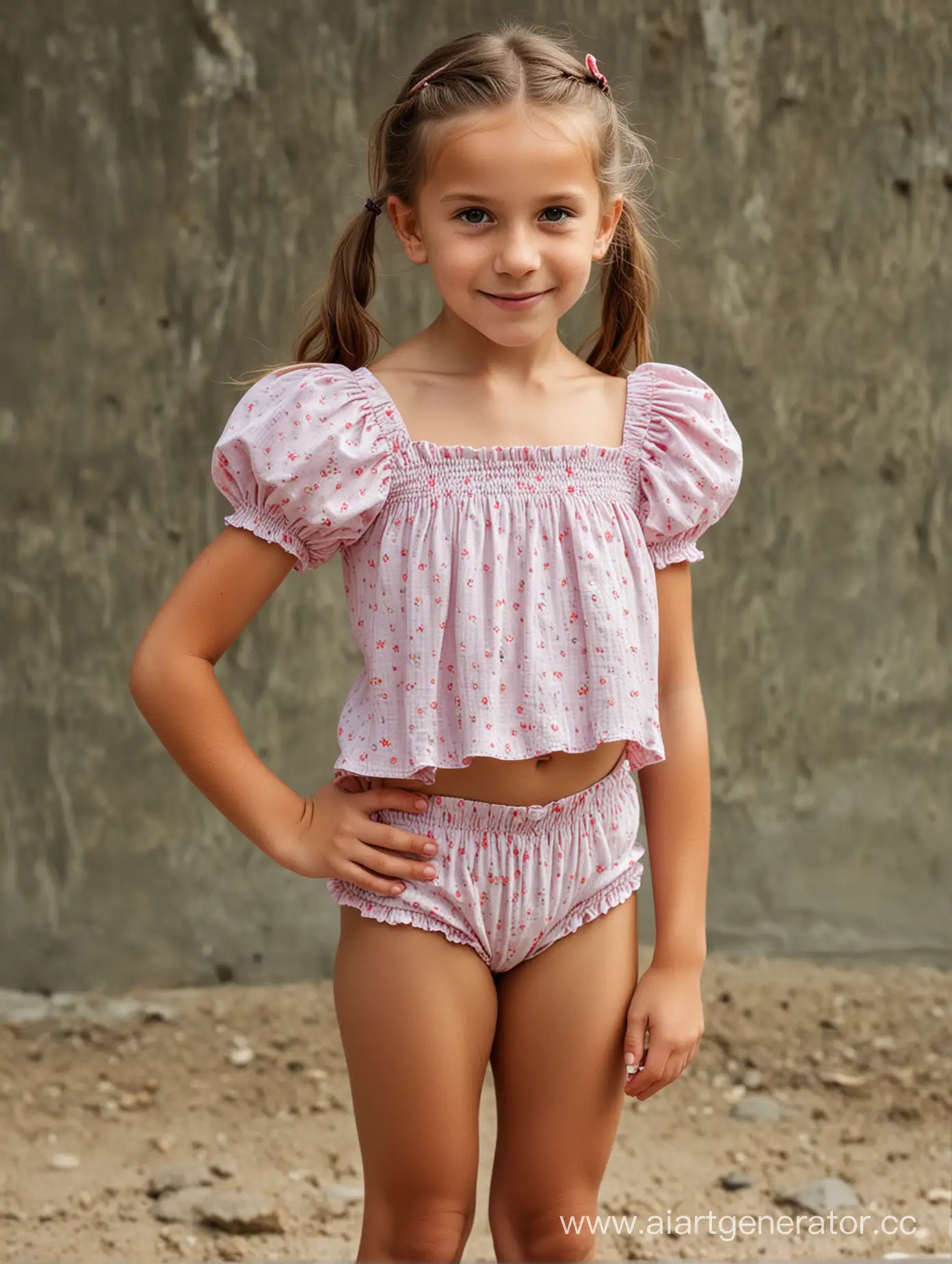 extremely skinny little 8-year-old girl in bikini, puffy sleeves, (((smocked top)))
