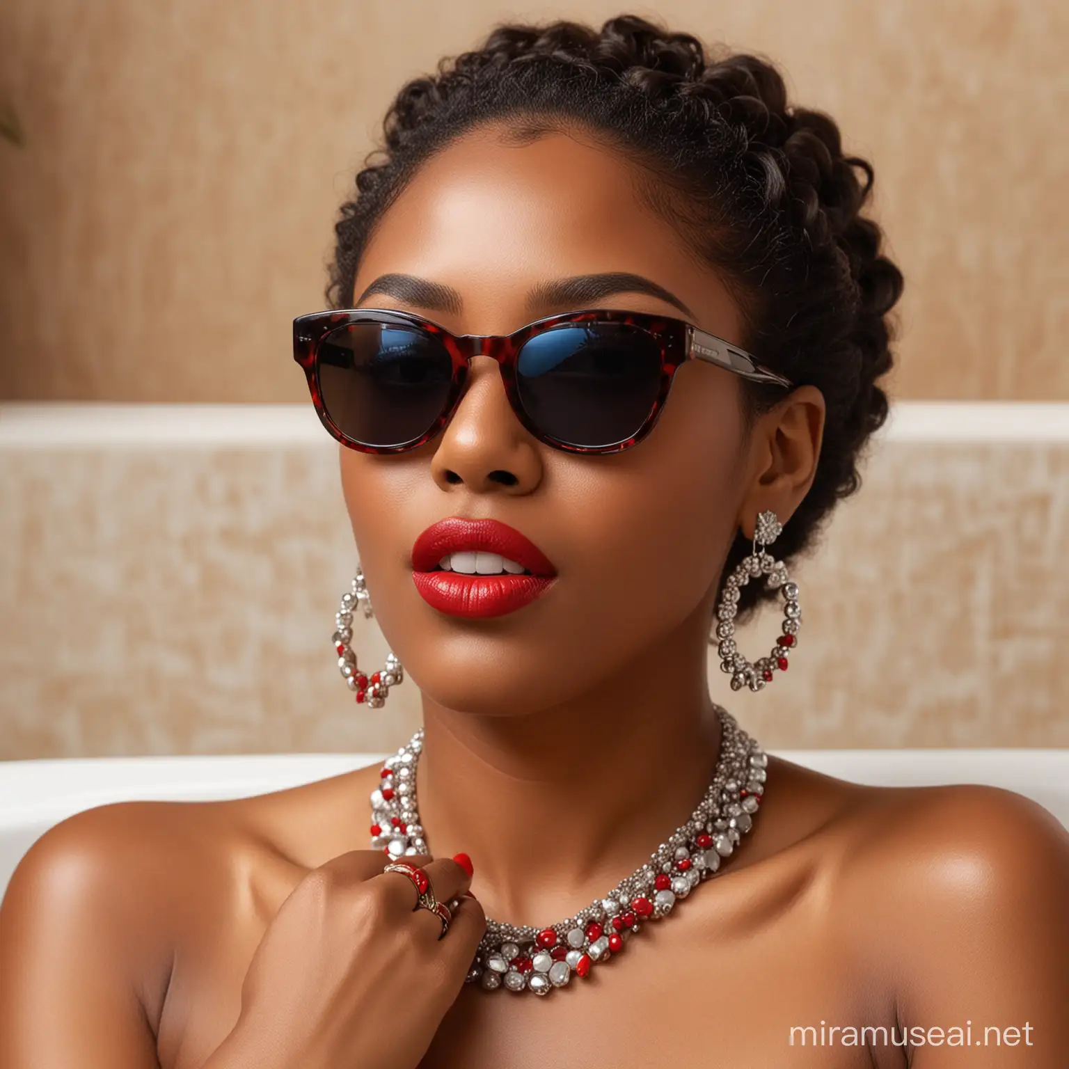 Melanin woman at a spa with red lip stick and red nails with sunglasses and jewelry on
