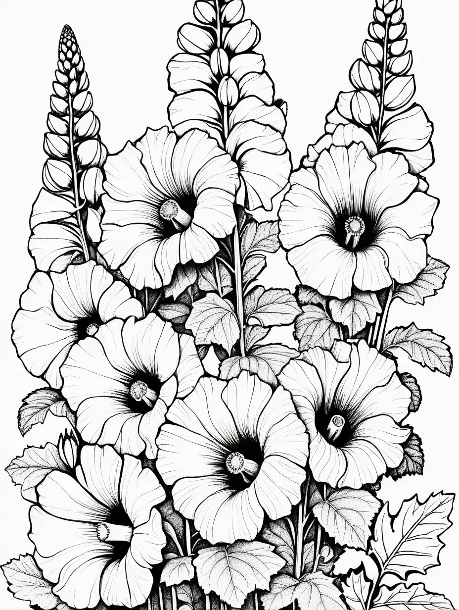 A arrangement of large hollyhock flowers filling the entire page black and white coloring page, cartoon style, thin lines, few details, no background, no shadows, no greys