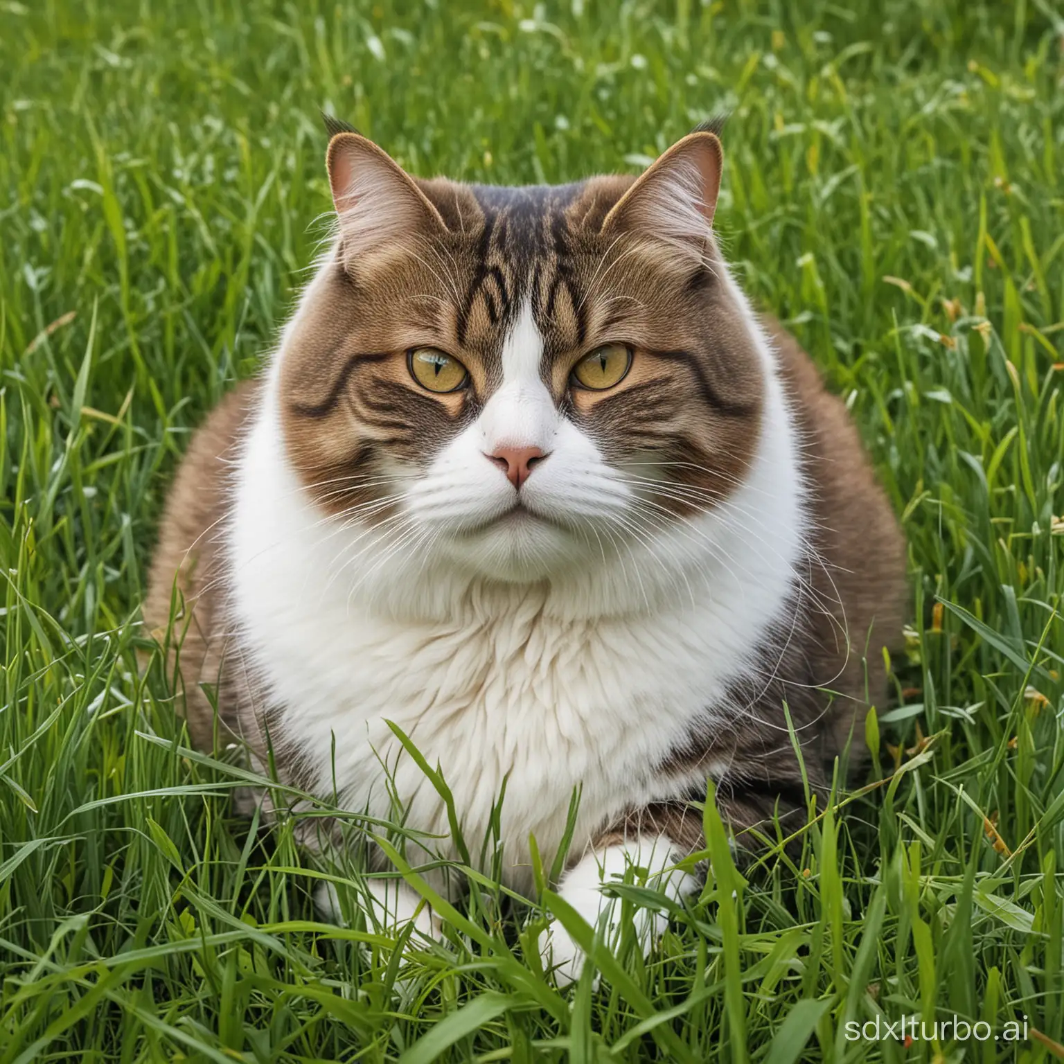 Plump-Tabby-Cat-Resting-in-Lush-Green-Meadow