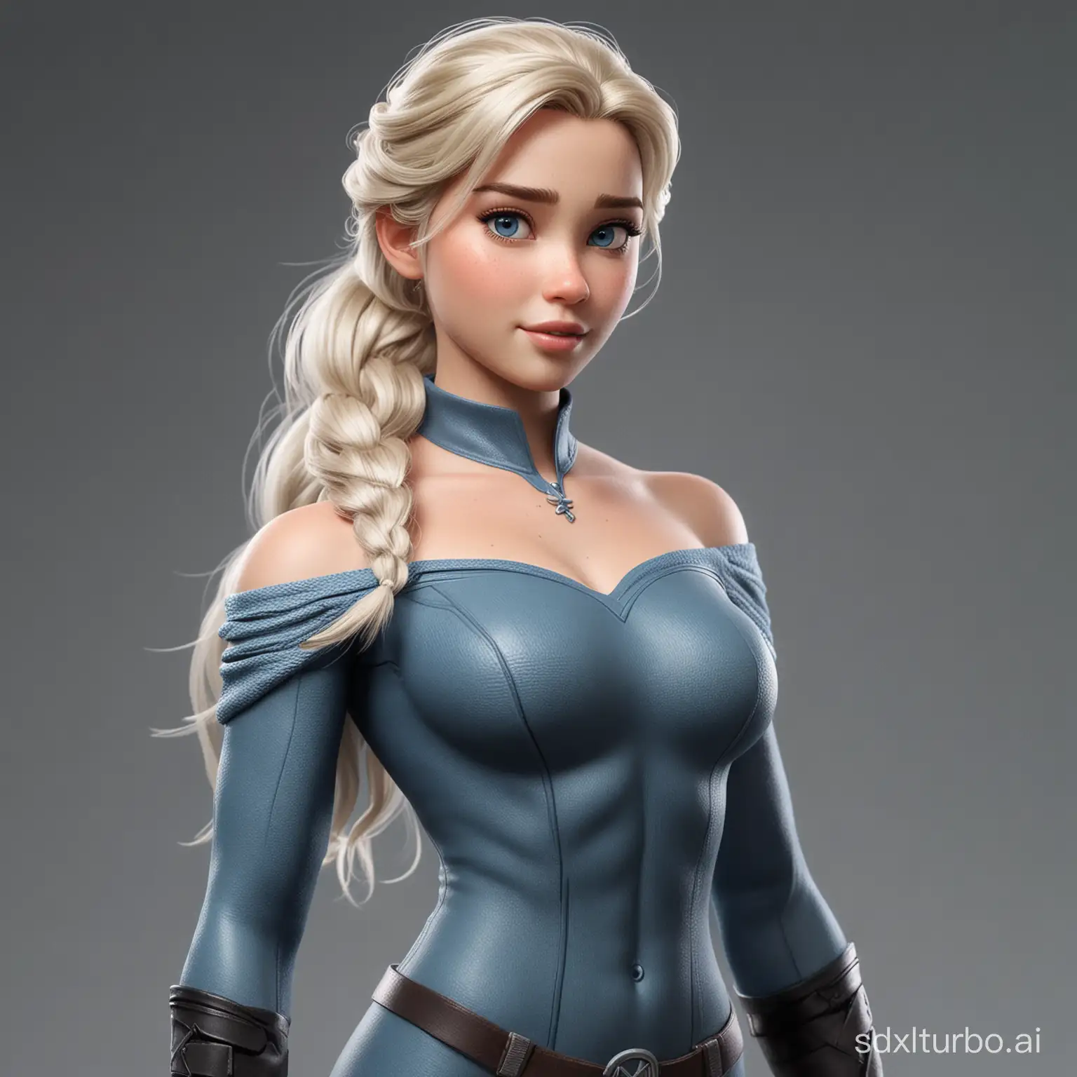 realistic elsa full body, with thick fit body, x men tight uniform, small choulders, big ass, freckless