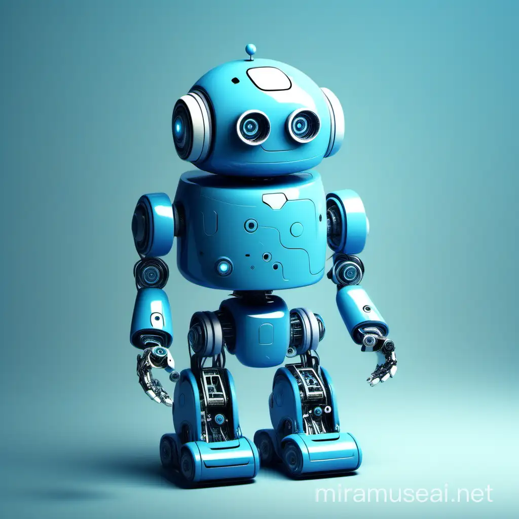 un robot enfant, aux formes arondies, qui joue, le tout en teintes de bleu