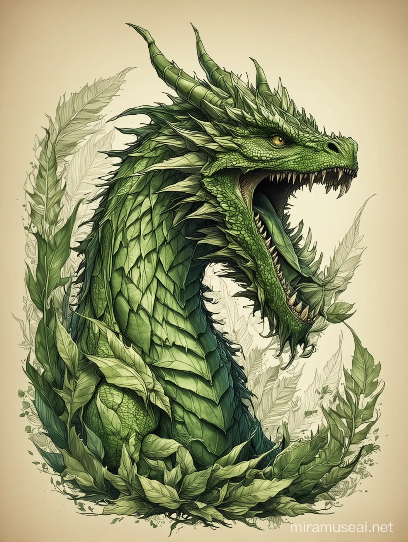 Ladon, a dragon made of leafs, green, roaring, angry, sketch style