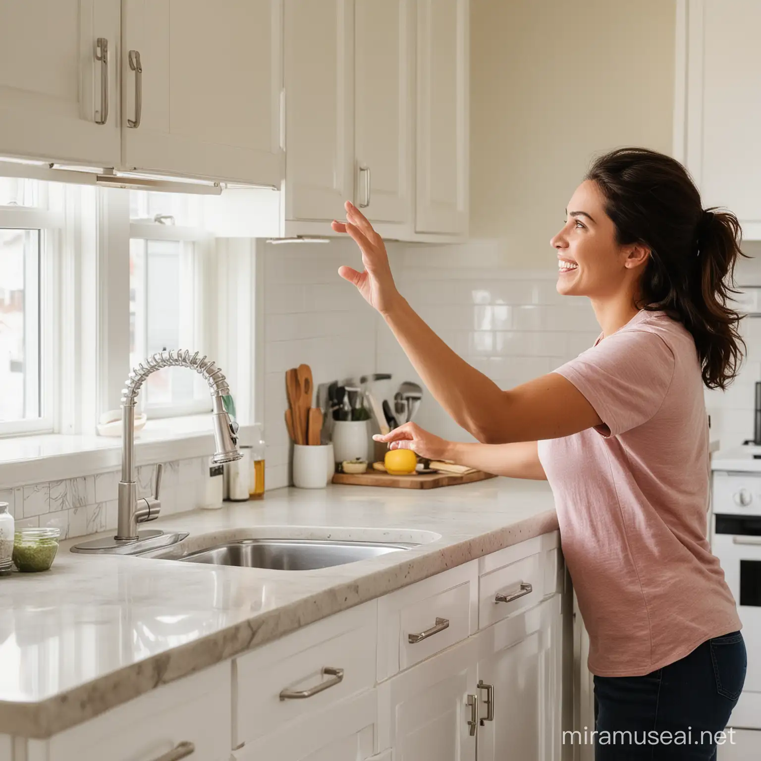 a woman reaching out to kitchen counter
