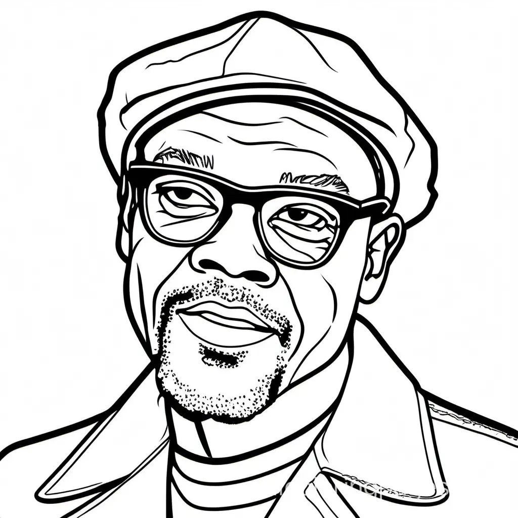 Samuel L. Jackson, Coloring Page, black and white, line art, white background, Simplicity, Ample White Space. The background of the coloring page is plain white to make it easy for young children to color within the lines. The outlines of all the subjects are easy to distinguish, making it simple for kids to color without too much difficulty