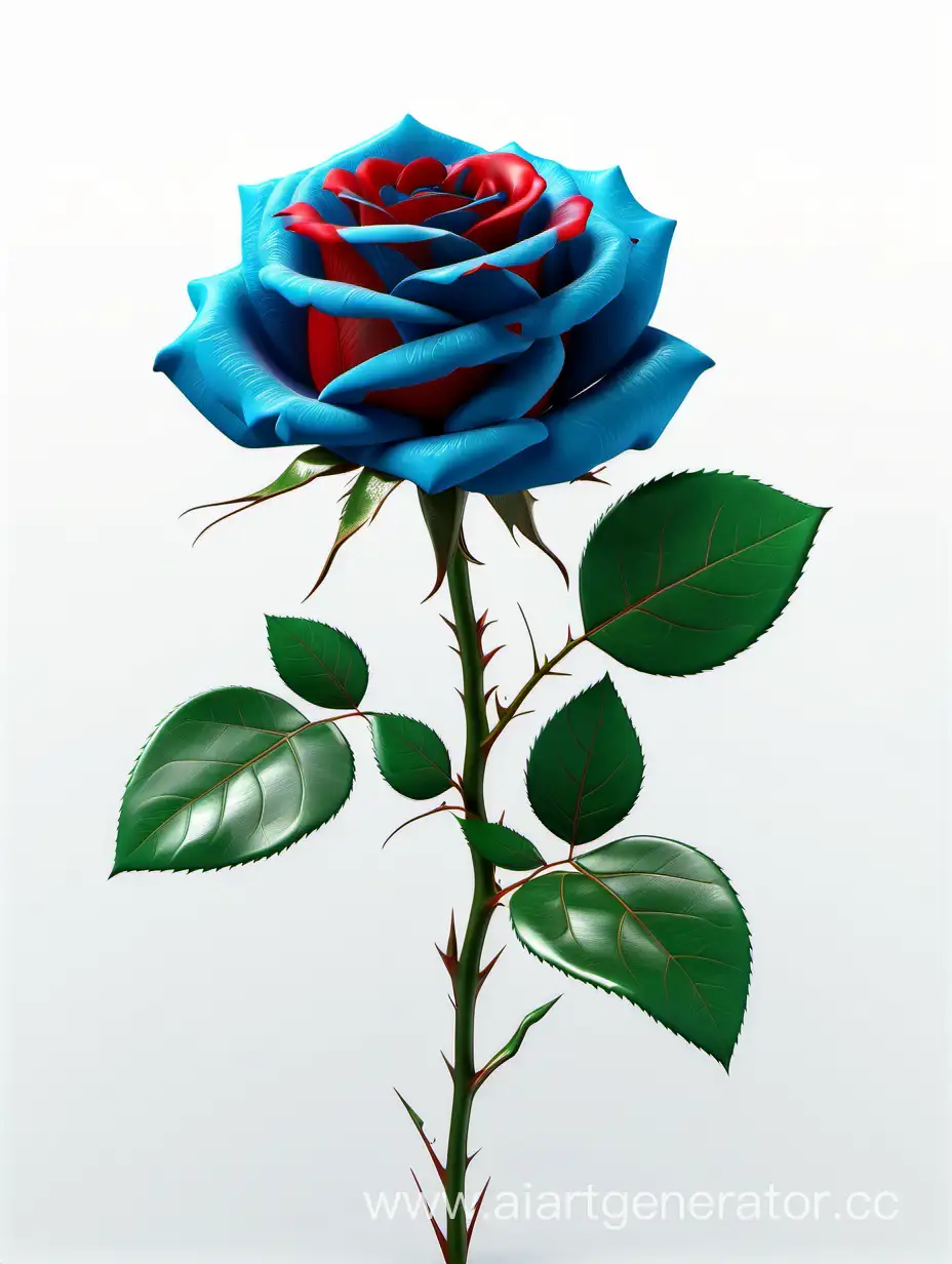 realistic blue Red Rose 8k hd with fresh lush 2 green leaves on white background