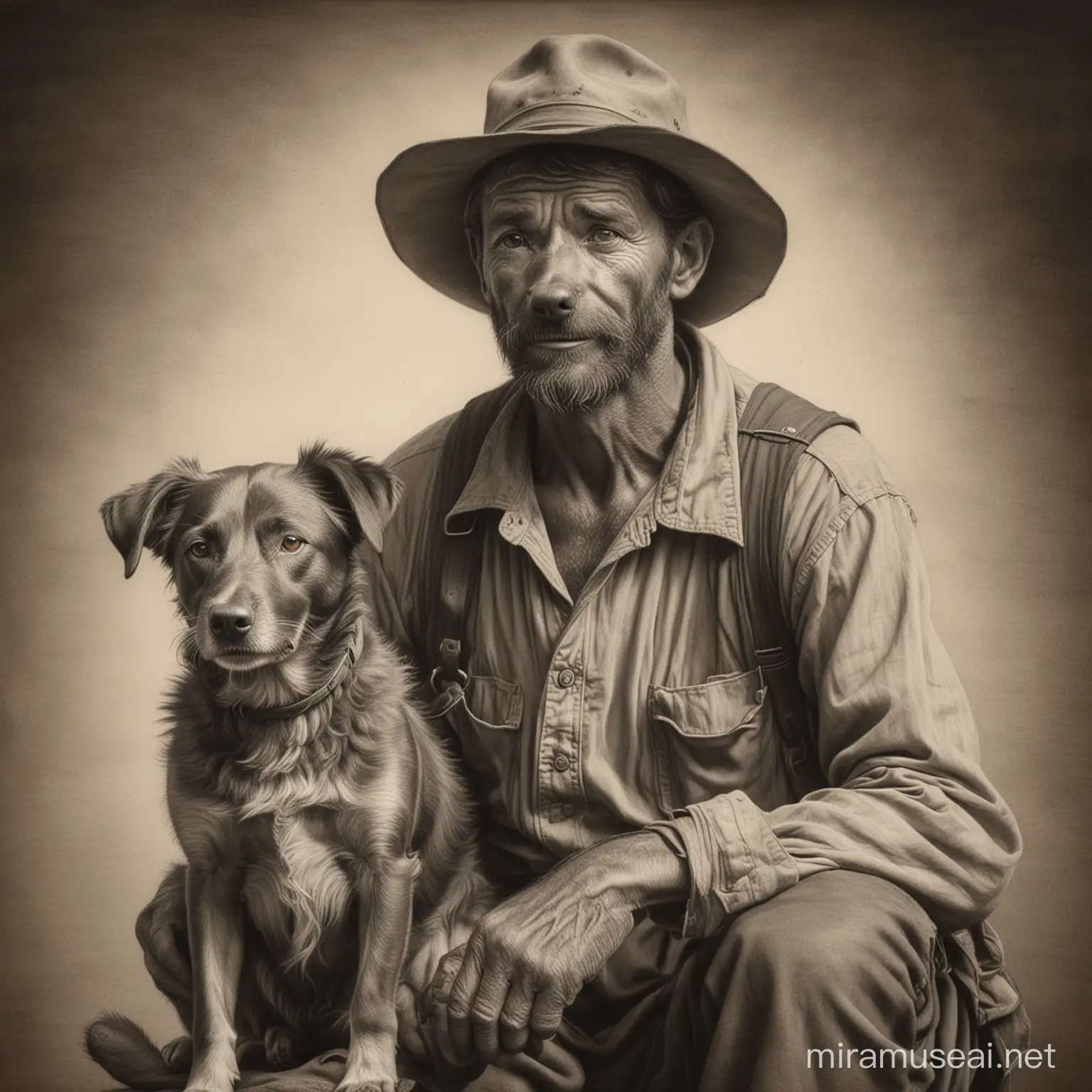 charcoal drawing of australian swagman with dog