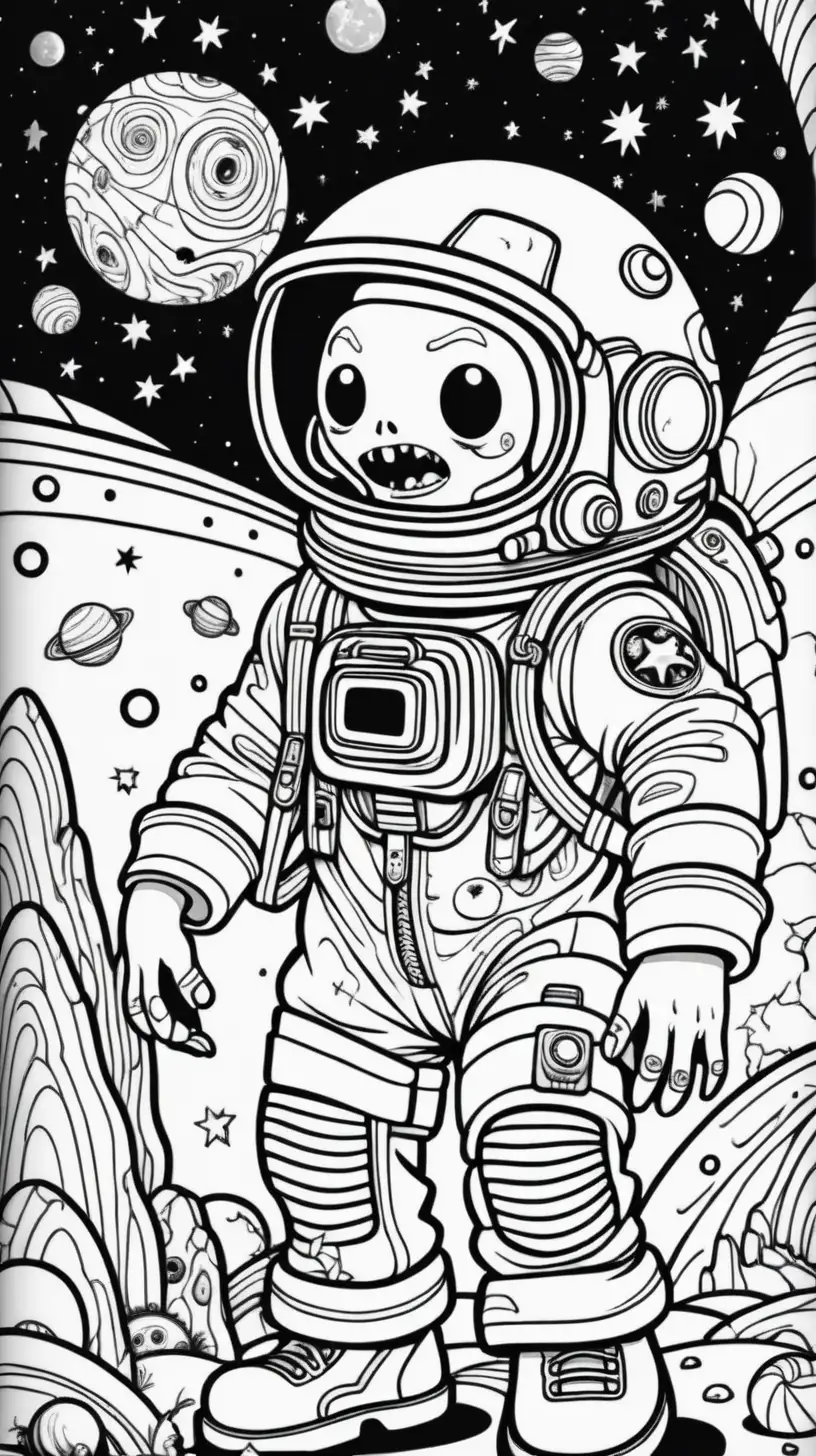 Happy Astronaut Zombie on Candy Planet Cartoon Fantasy Black and White Image