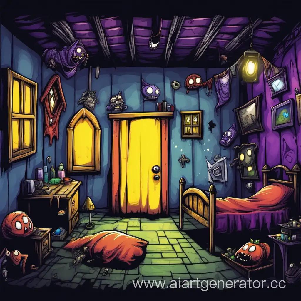 Нарисуй цветного  персонажа  для однопользовательской квест бродилки с элементами хорора, о парне проснувшиеся в жутком доме полном загадок с страшных чудищ.