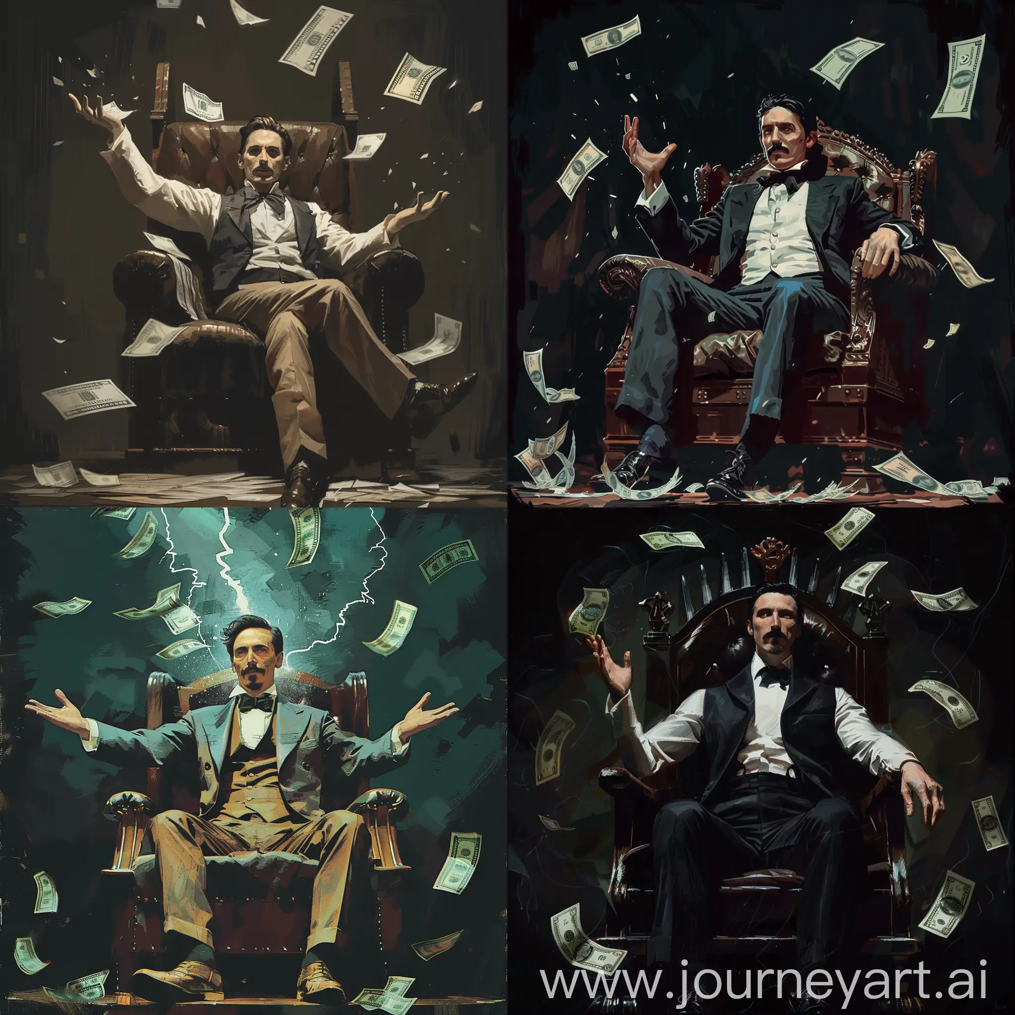 Nikola-Tesla-Sitting-on-Throne-Throwing-Money-Dark-Background