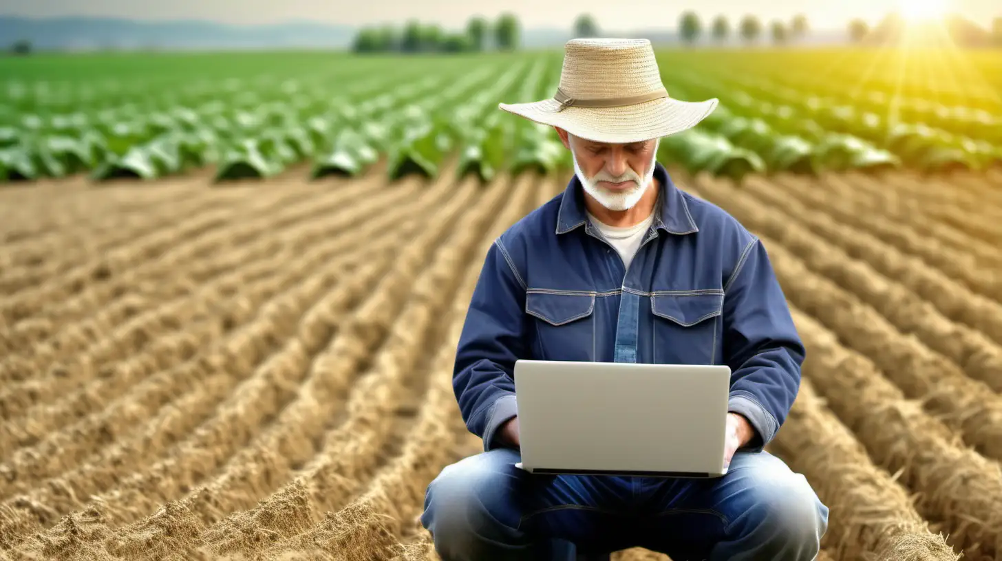 Agribusiness, Application of technology, The farmer uses laptop on field background, natural light