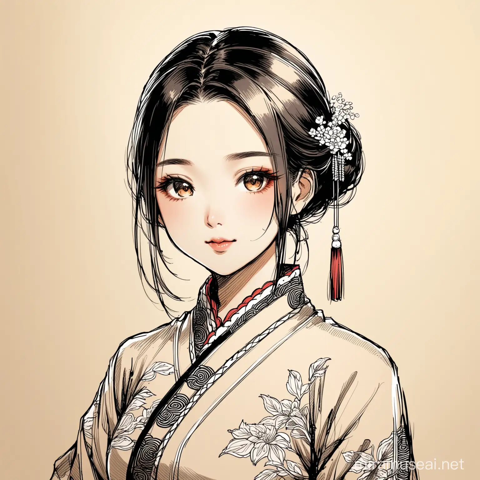 Traditional Hand Drawing of a Chinese Girl
