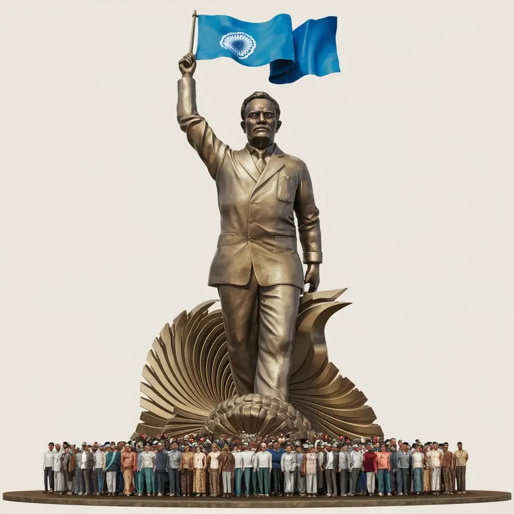  standing statue of dr babasaheb ambedkar with real face and lot of pepole behind in his hand blue flag 
