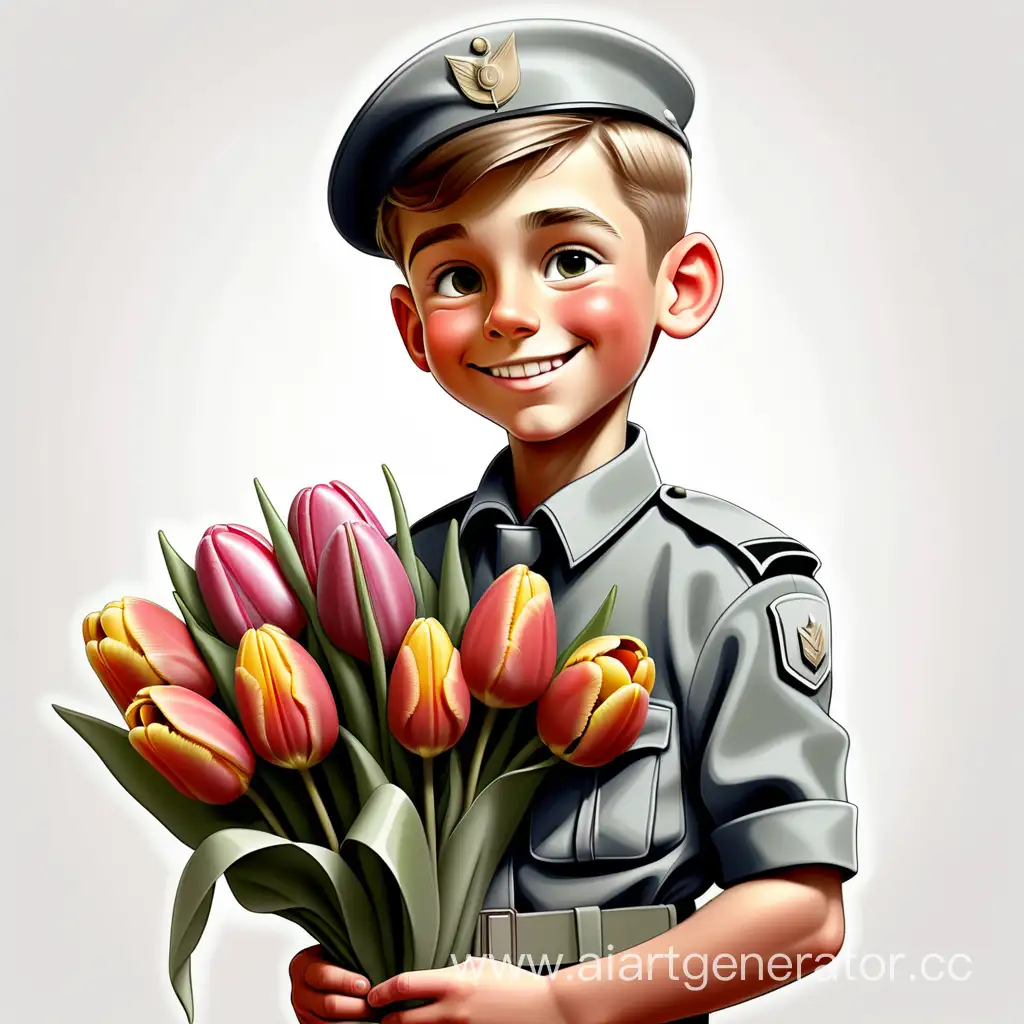мальчик в кадетской форме, улыбается, смотрит в сторону, с букетом тюльпанов в руках, рисунок, белый фон