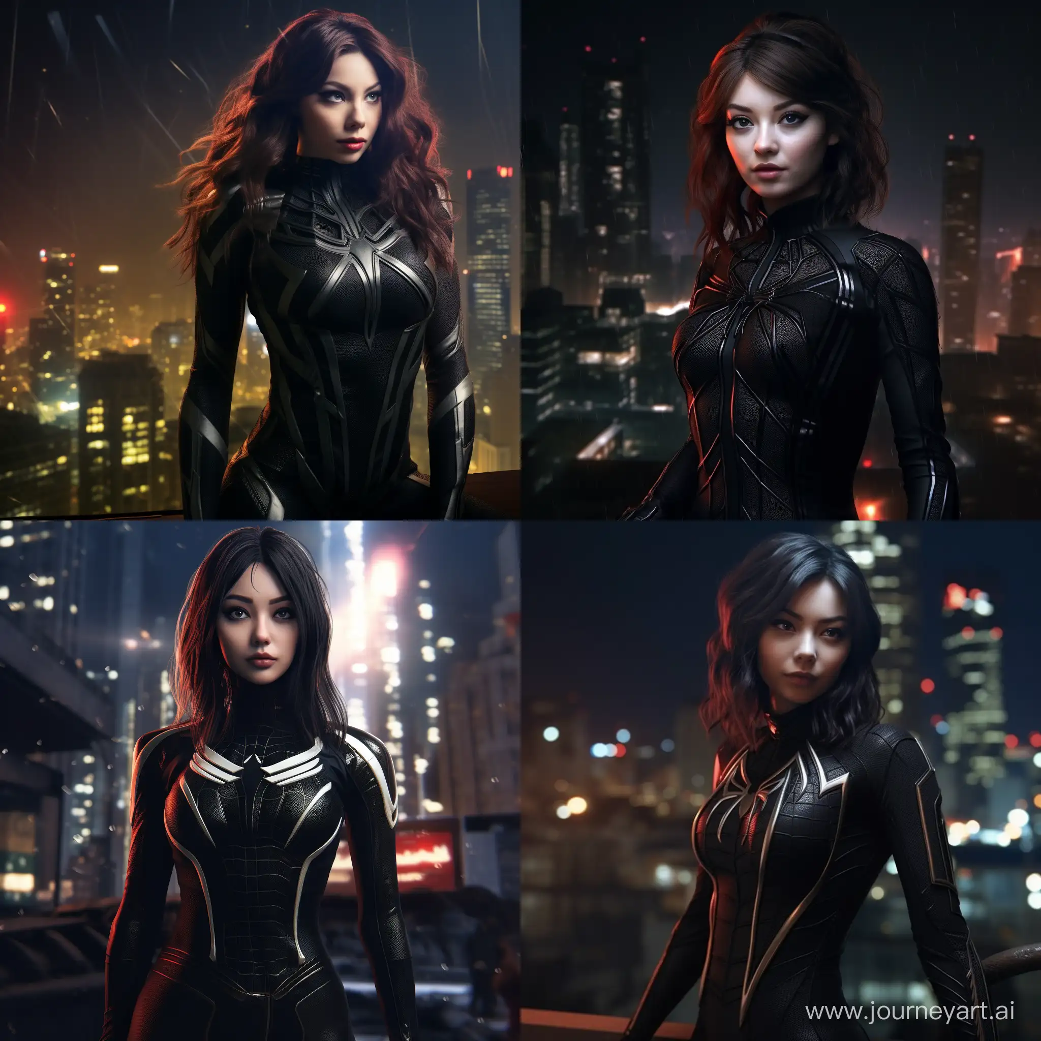 A girl in a Spider-Man costume. Black colors, with a spider on the chest. On the background of the night city, skyscraper.