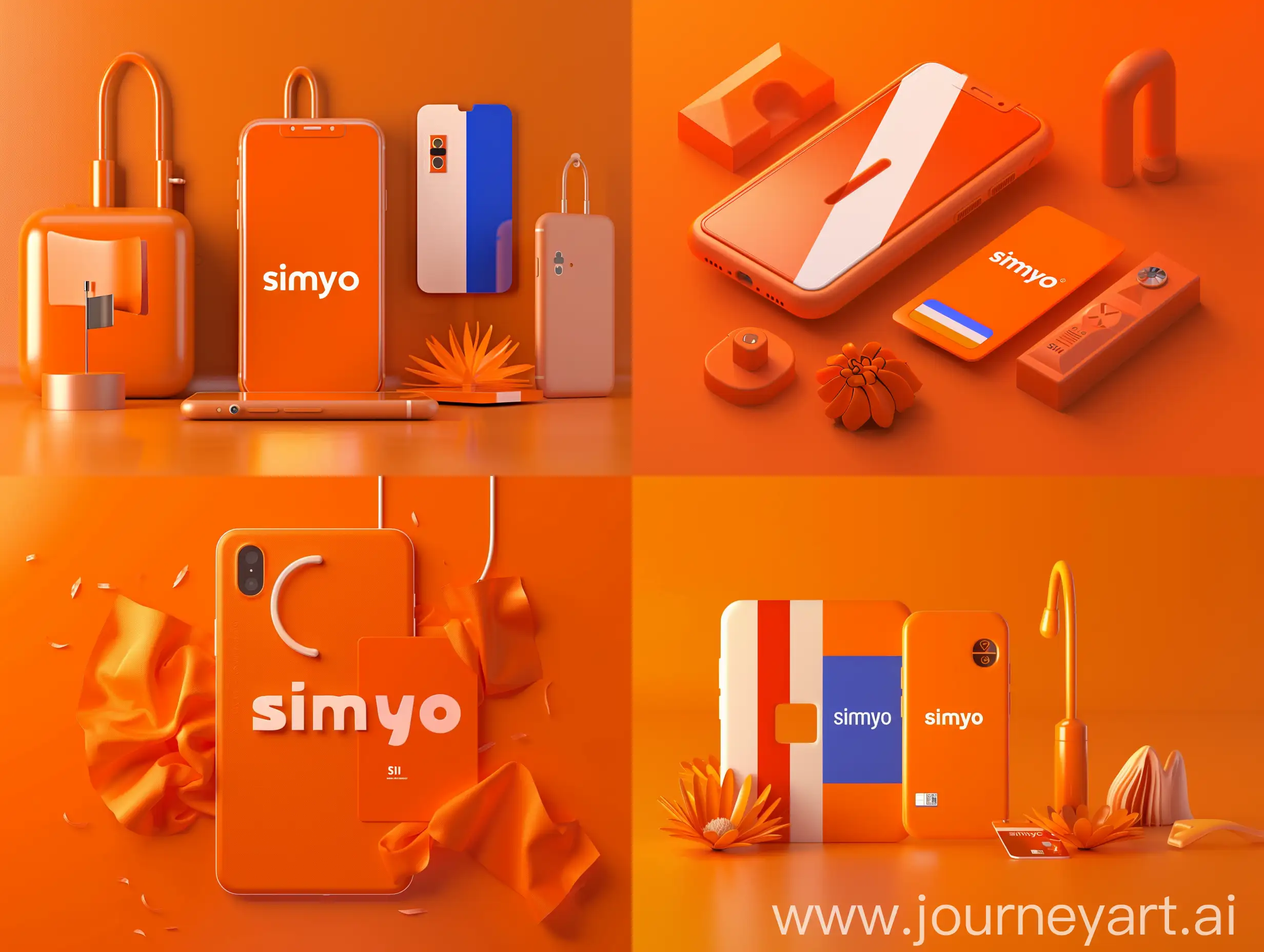 Create an image where orange is the dominant color, and include the text 'simyo'. Incorporate elements of the Dutch flag to represent the Netherlands. The theme of the image should relate to technology, mobile network operators, and SIM cards. The composition should be modern and innovative, highlighting the connection between telecommunications and national identity.