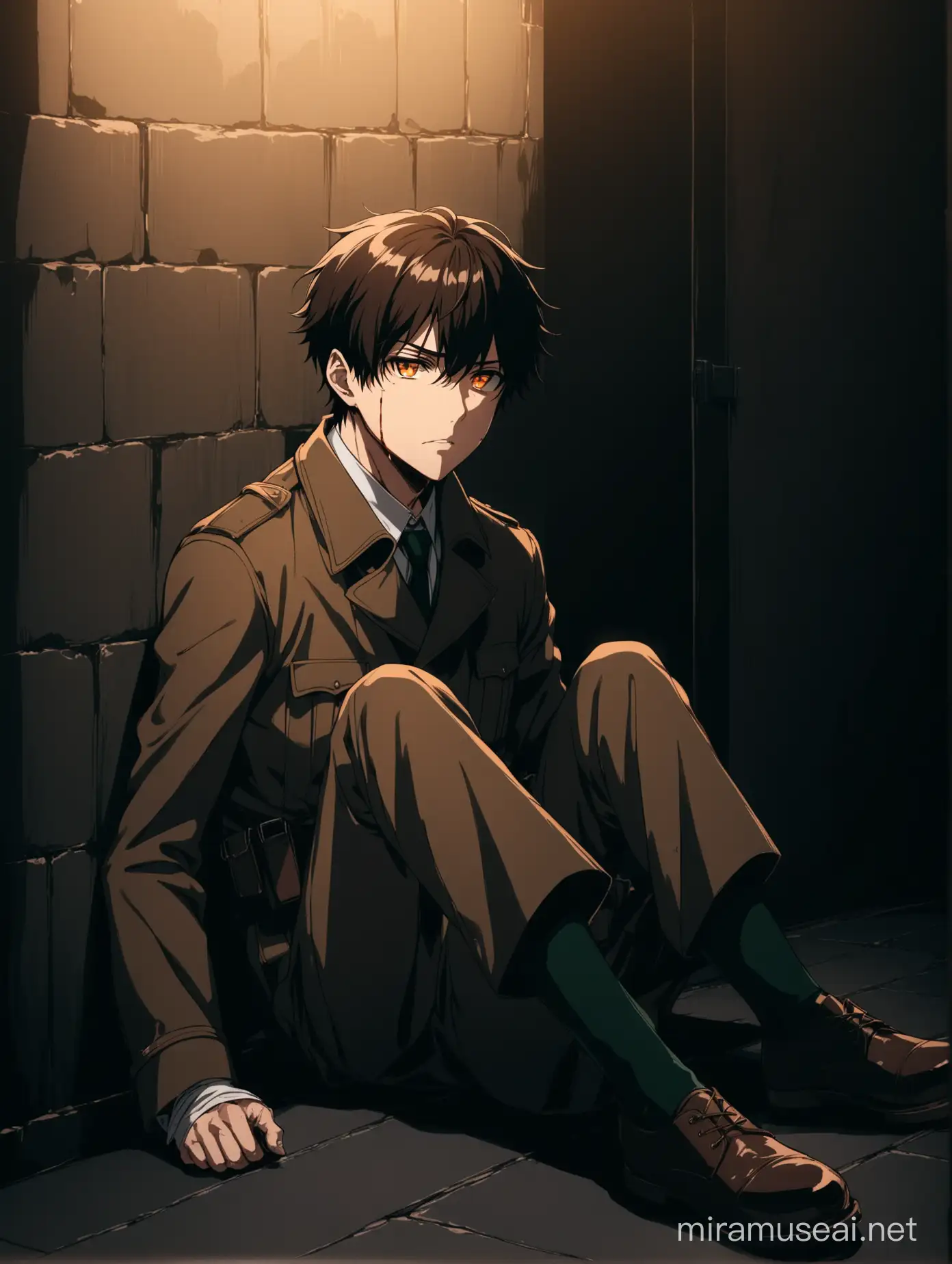 An image of face of an anime male character wearing detective clothes and sitting on a floor supporting a wall as he is injured badly and unconscious. He is in underground secret room with dark green contrasts and vibe. He is dark brown headed and orange eyes. The image should be of his front face