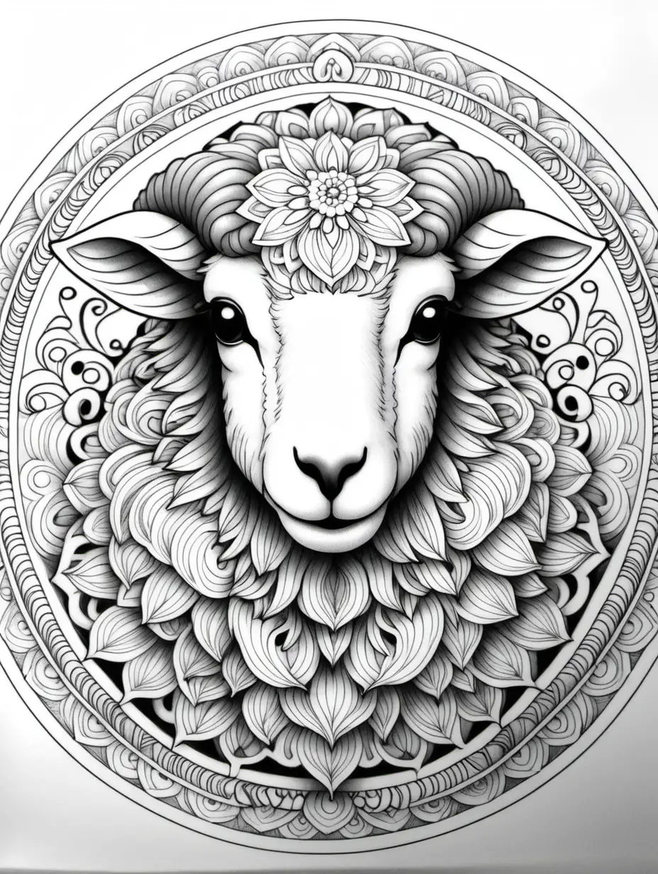 adult coloring book, mandala sheep, high detail, black and white, not shading,