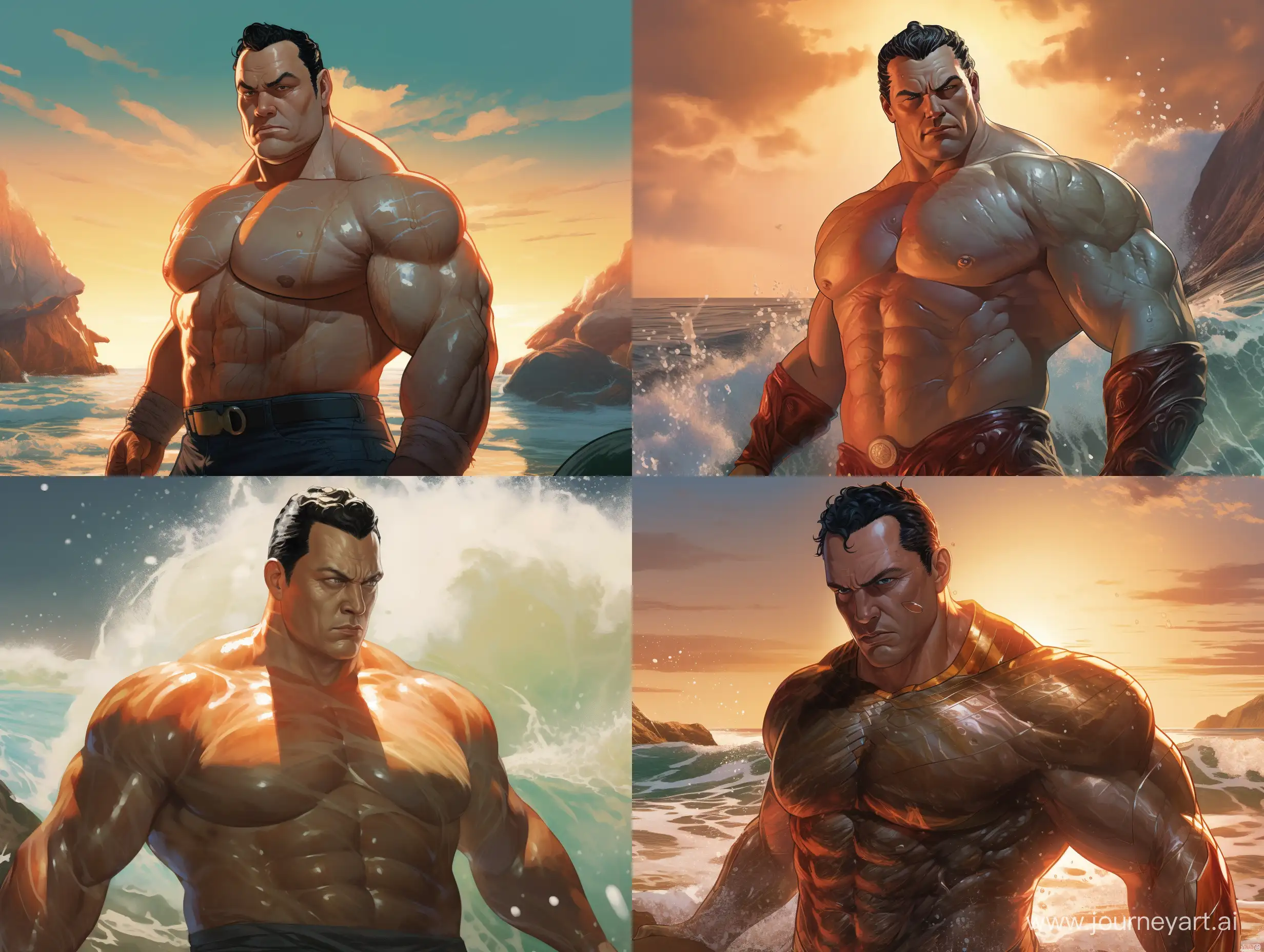 Very Fat Namor, looking at the camera, half body, with a huge belly, at the beach, wet, realistic, cinematic lighting, --ar 4:3 --q 2