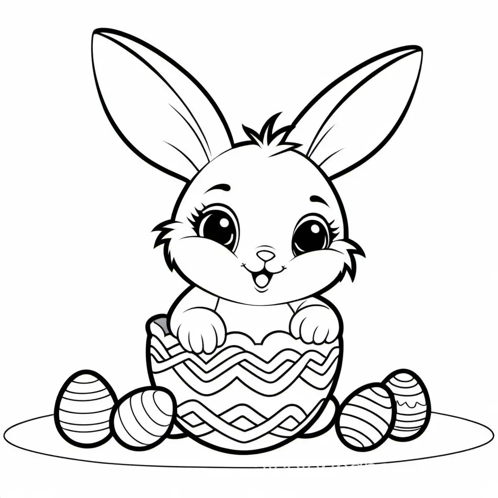 Baby bunny brush paint an Easter egg For kid, Coloring Page, black and white, line art, white background, Simplicity, Ample White Space. The background of the coloring page is plain white to make it easy for young children to color within the lines. The outlines of all the subjects are easy to distinguish, making it simple for kids to color without too much difficulty