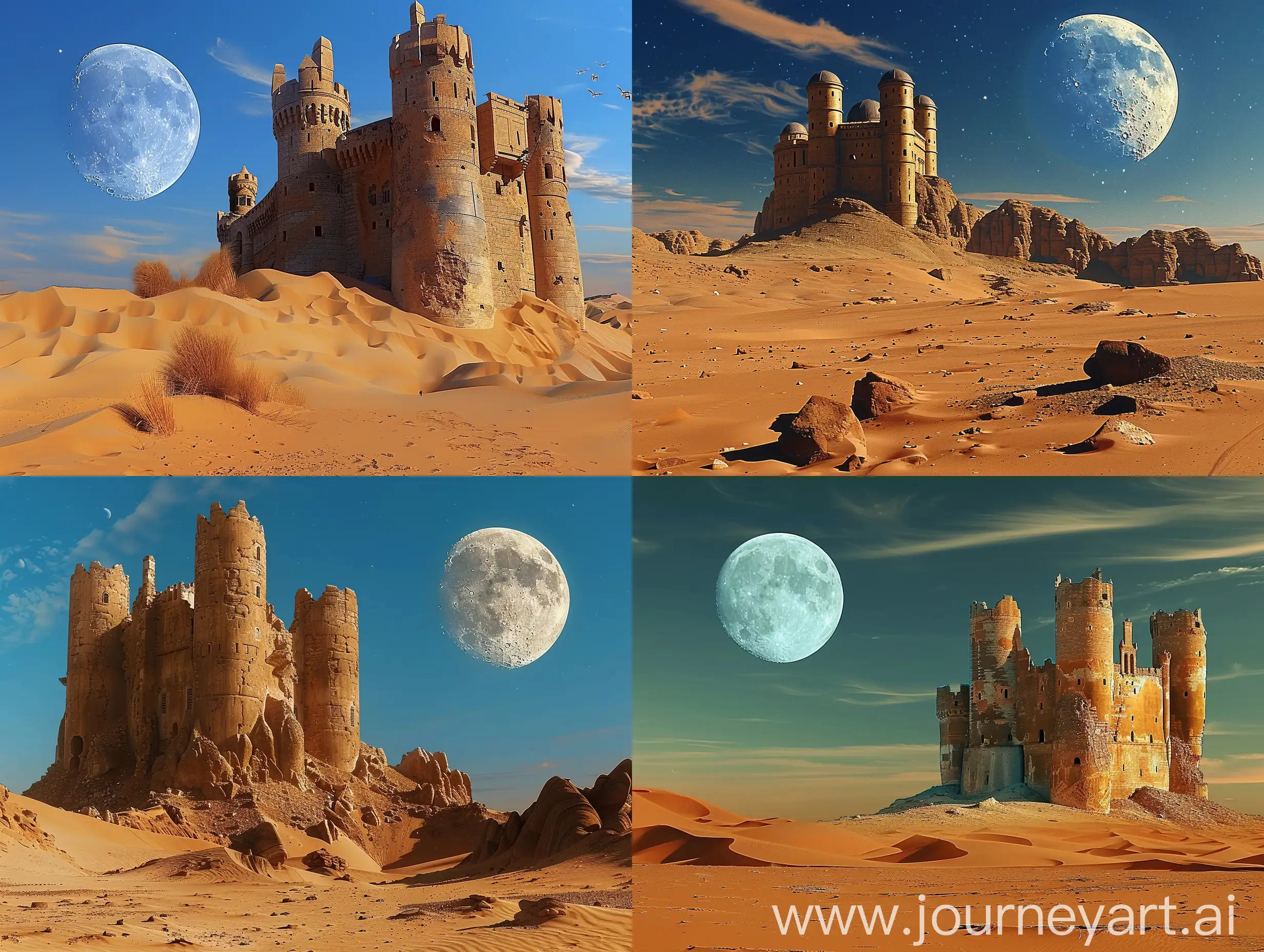 cinematic, film Dune, Bratislava castle in desert with moon on the background, --style raw