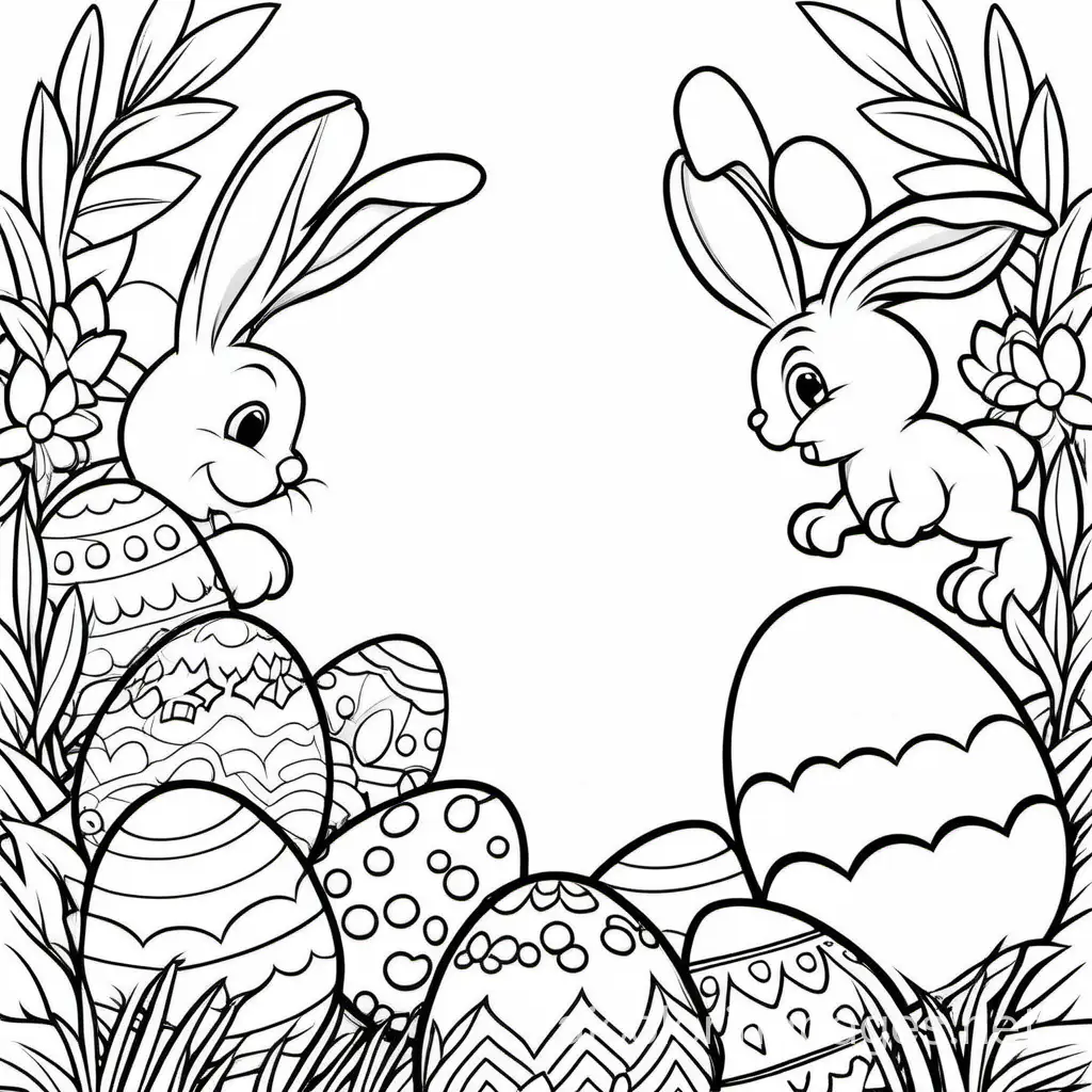 Happy Easter cute, Coloring Page, black and white, line art, white background, Simplicity, Ample White Space. The background of the coloring page is plain white to make it easy for young children to color within the lines. The outlines of all the subjects are easy to distinguish, making it simple for kids to color without too much difficulty