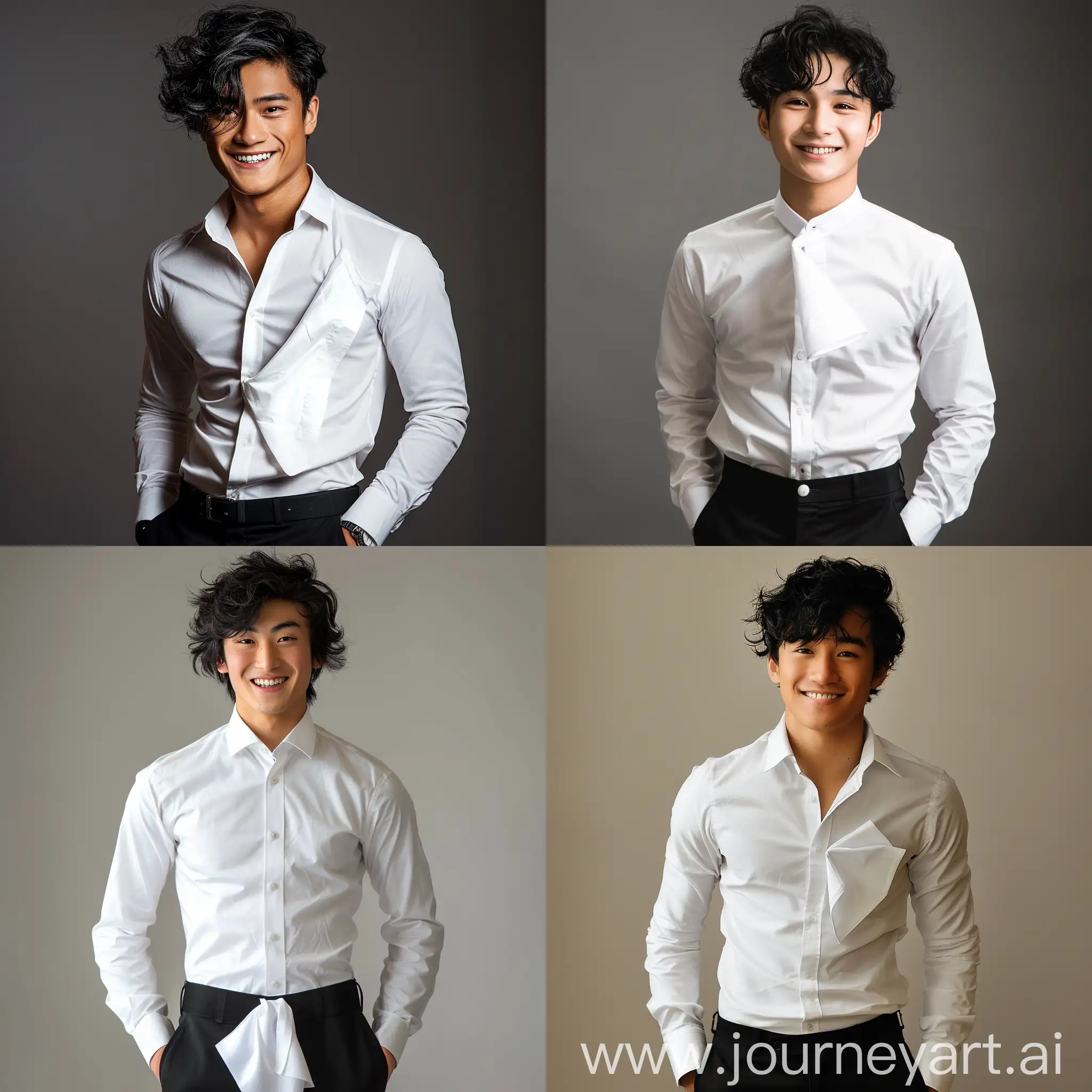 Tall 20 year old male, black hair, wavy hair, handsome, modest dressing, slightly muscular, White shirt, Black pants, white handkerchief tucked to his pants, black pupils, smiling, innocent looking