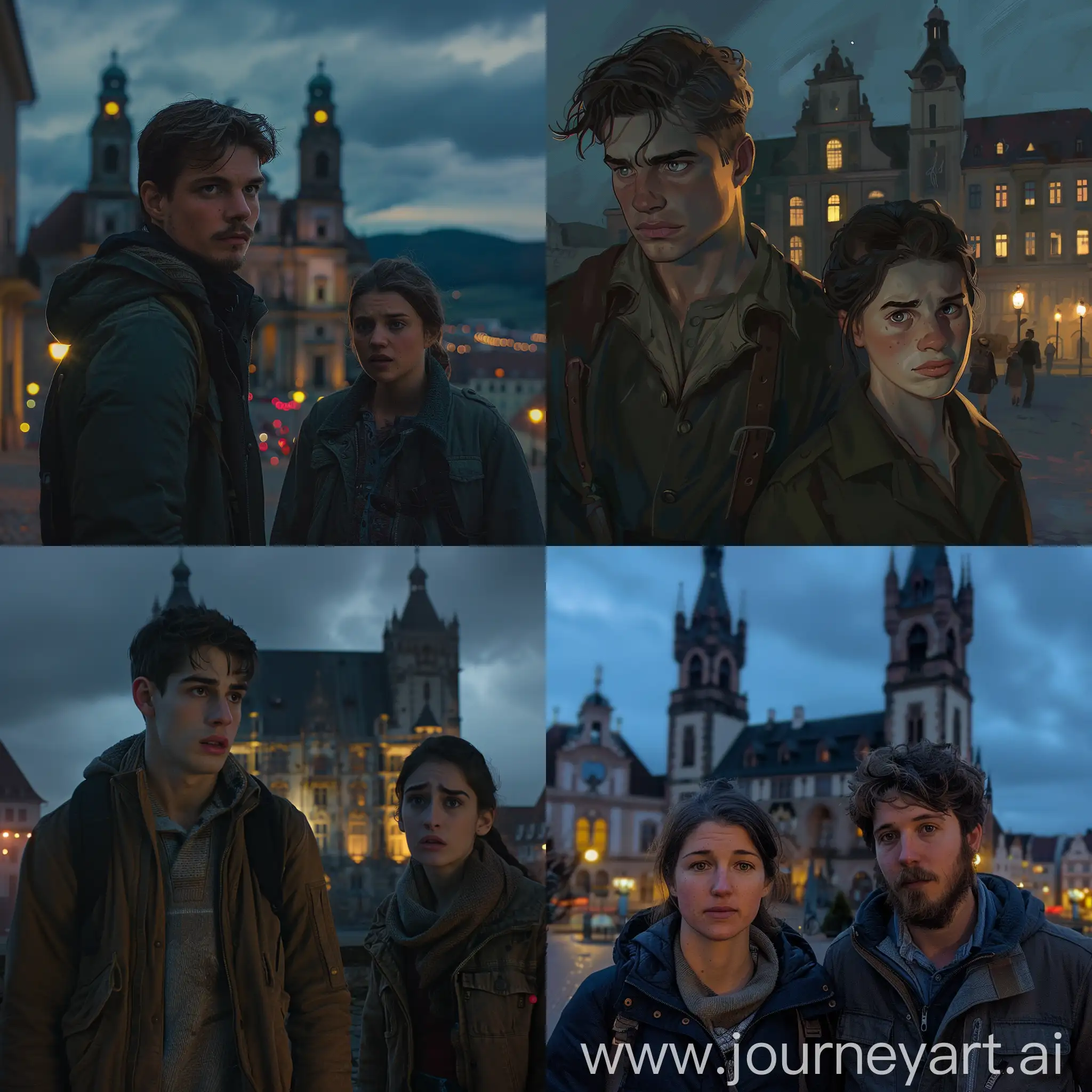 - Dusk in front of the imposing town hall of Penzberg.

- Schorsch and Marie stand in front of the town hall, the lights of the city can be seen in the distance.

- Schorsch has a thoughtful look, while Marie seems worried.