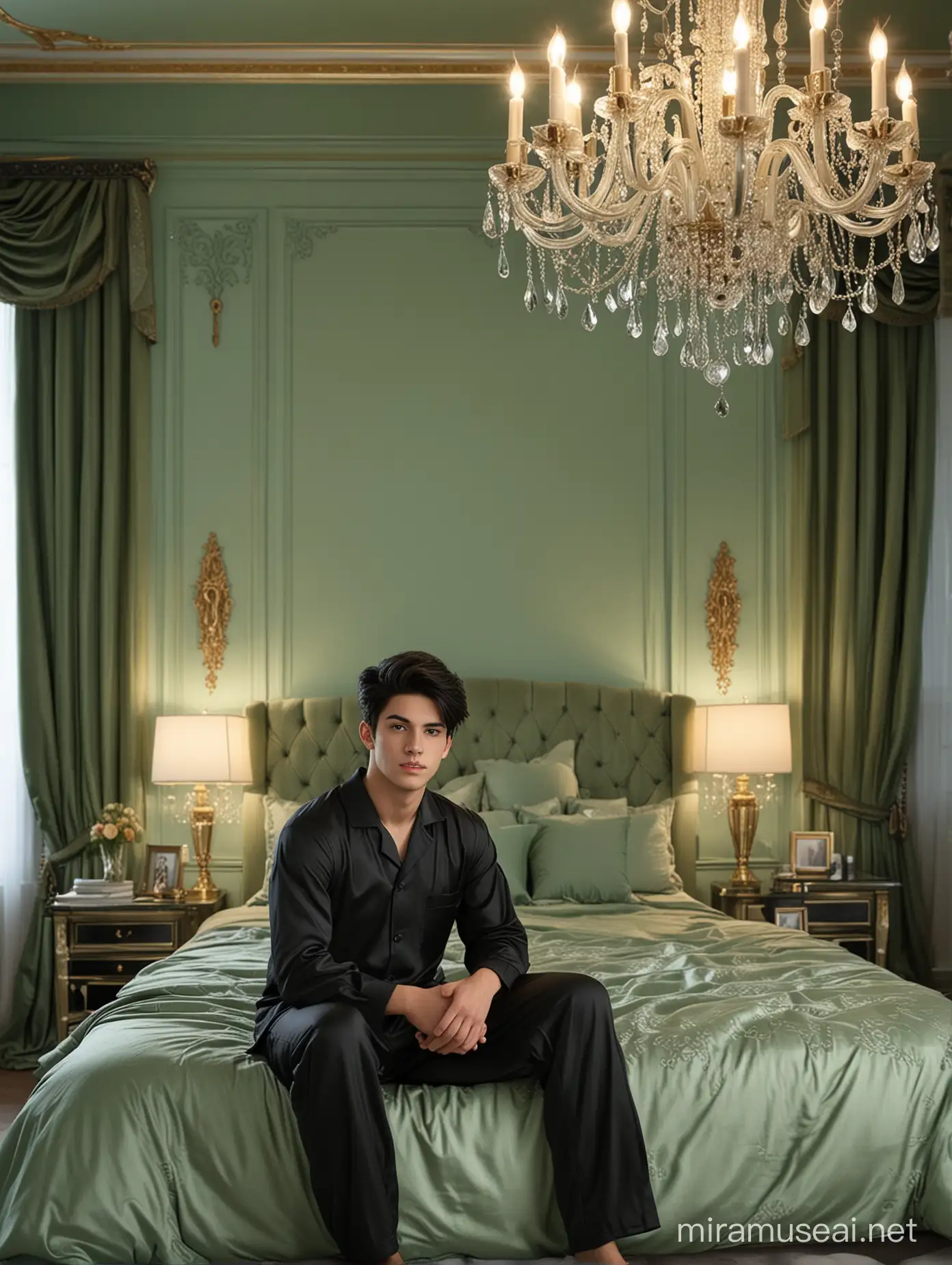 Luxurious BlackHaired Teen Relaxing in Opulent Sage Green Bedroom