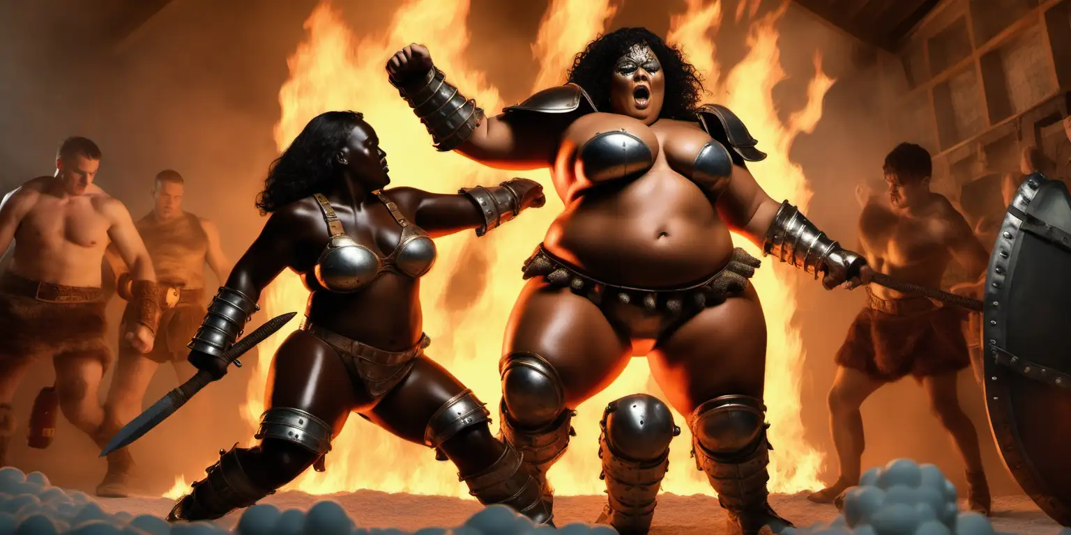 Flaming erotic fat woman in barbarian armor and dark skin punching a training dummy