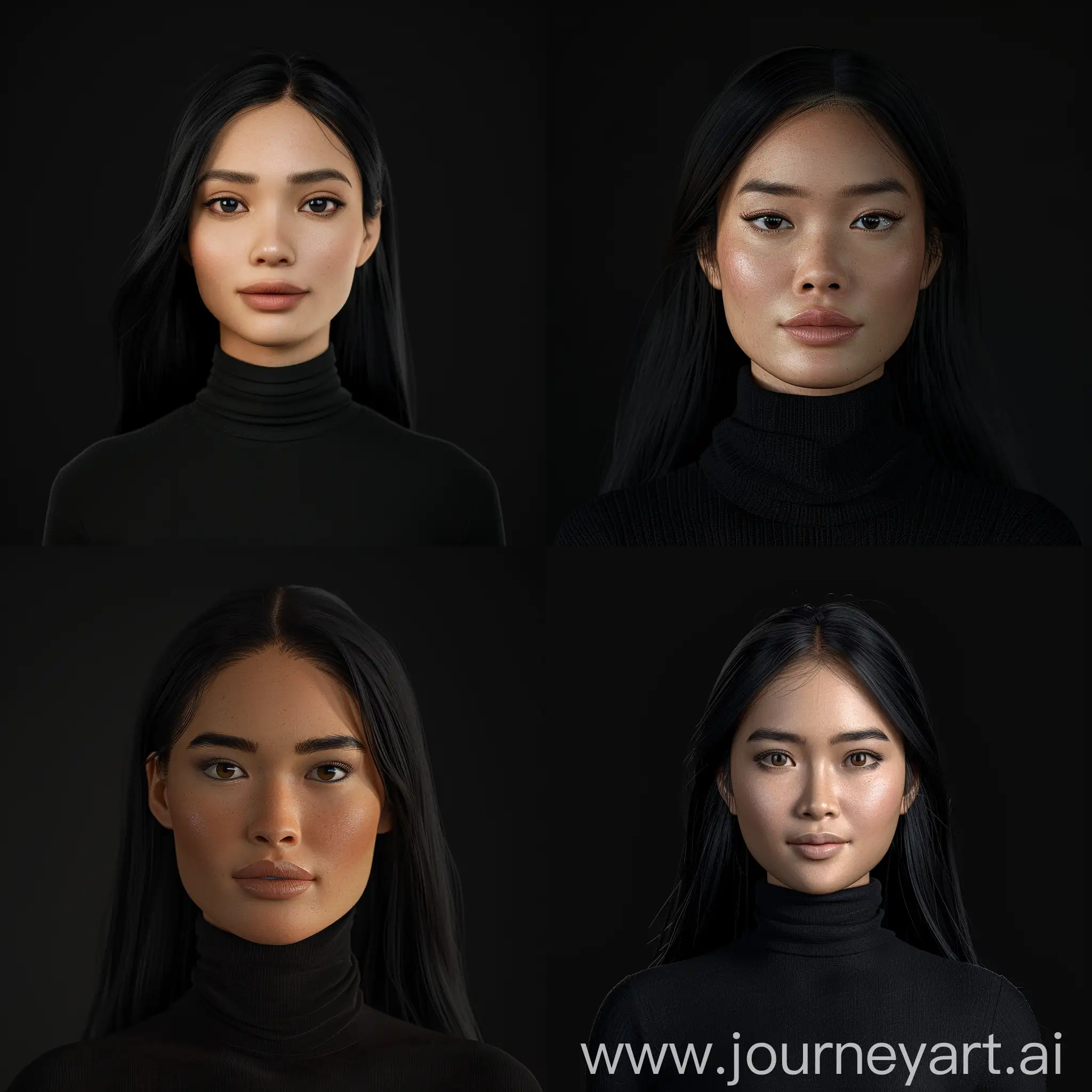 a filipina woman, realistic 3d, light skin toned, wearing black turtle neck, long black hair, neutral expression, black background