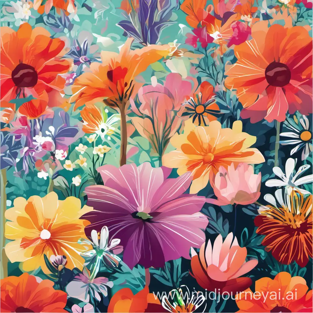 Vibrant Digital Print Featuring a Colorful Garden of Flowers