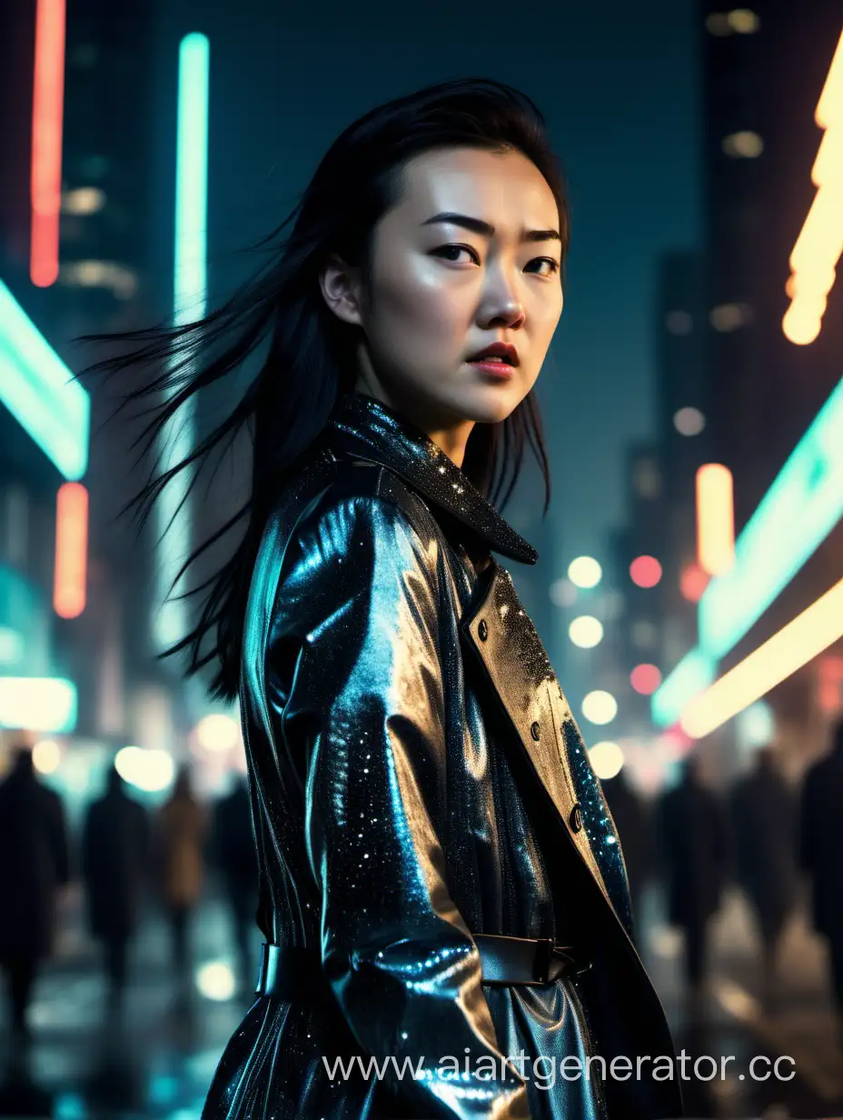Dystopian future fashion, cyberpunk, attractive Asian female in sparkling dress and long dark leather coat walking through night city trying to go unnoticed, Jessica henwick face, looking down to the side, cinematic shot 
