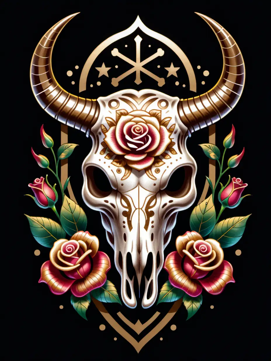 Golden Cow Skull Surrounded by Roses 3D Oldschool Tattoo Design on Black Background