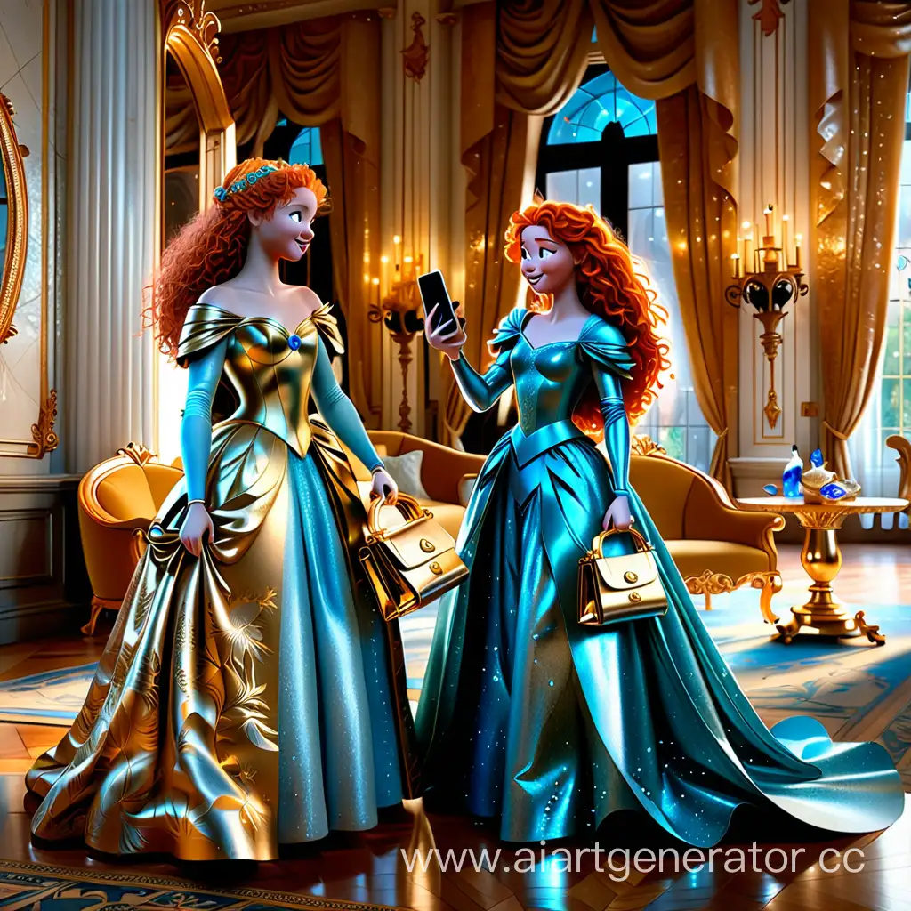 две диснеевские принцессы золушка и мерида стоят в шикарных блестящих платьях, у них   в руках айфон 15 про макс и сумка биркин. золушка и мерида стоят в гостинной дворца, с позолотом. стиль реализм и дисней
