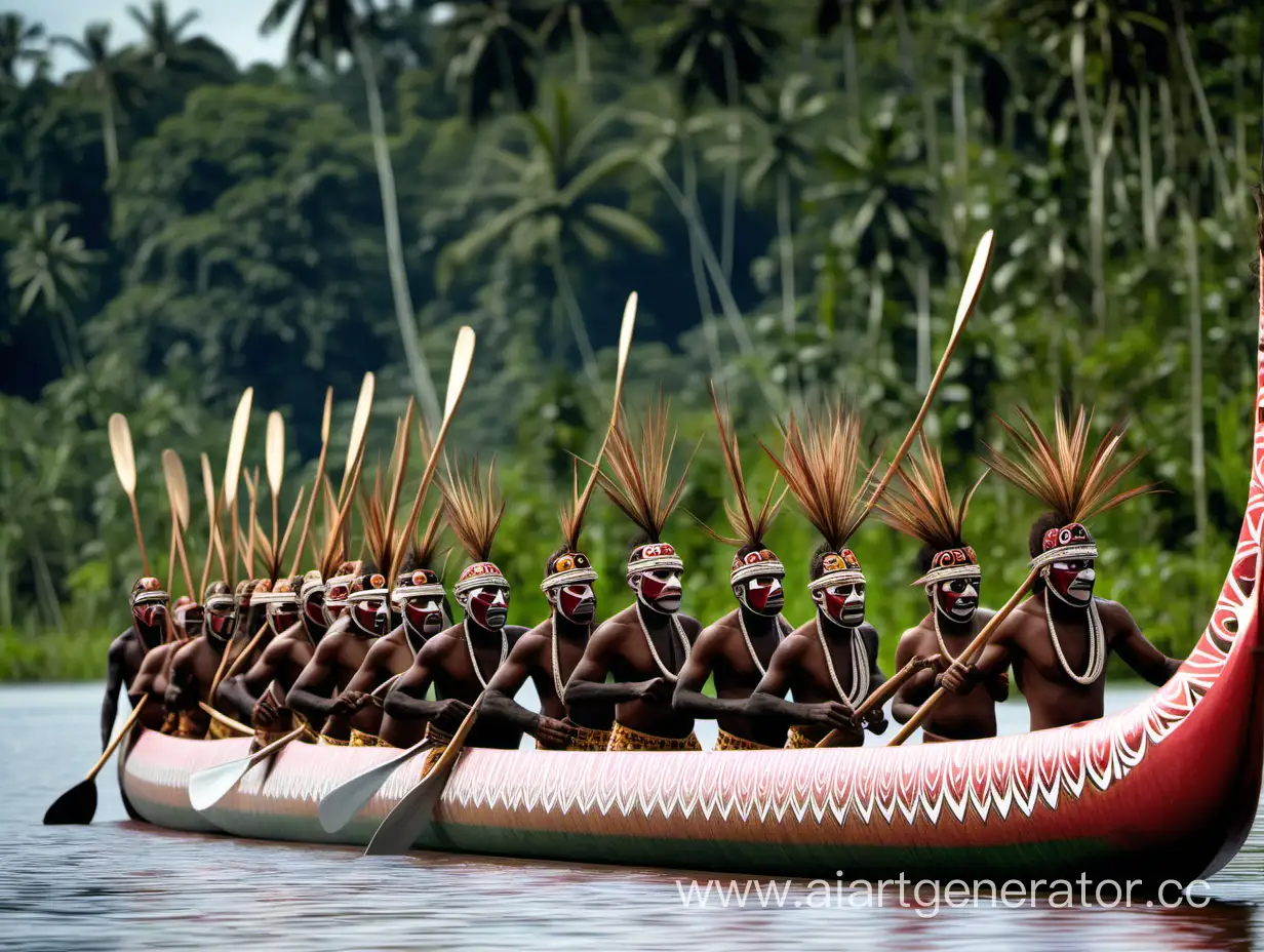 Сгенерируй картинку на тему "Фестиваль Каноэ на реке Сепик в Папуа-Новой Гвинее" с разукрашенными каноэ